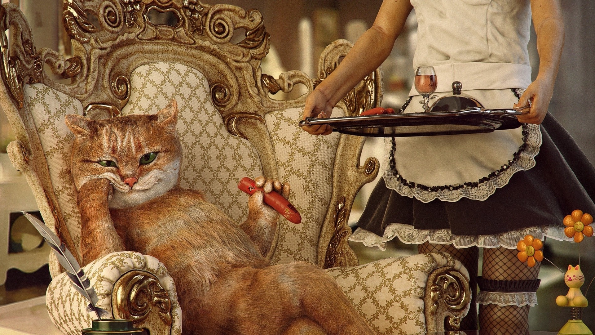 Cat in a chair with a maid serving food HD Wallpaper