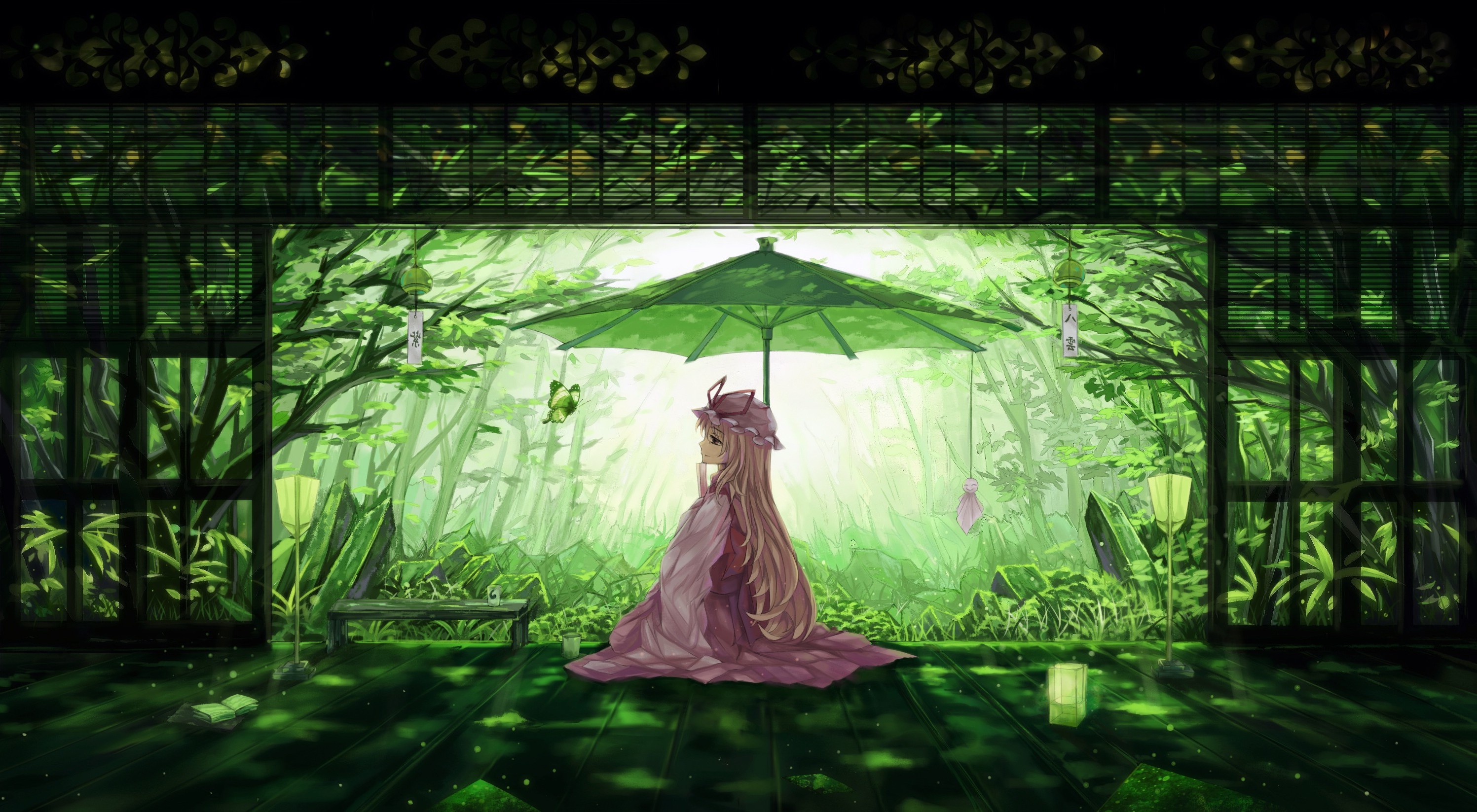 Yakumo Yukari from Touhou holding a parasol in a forest HD Wallpaper