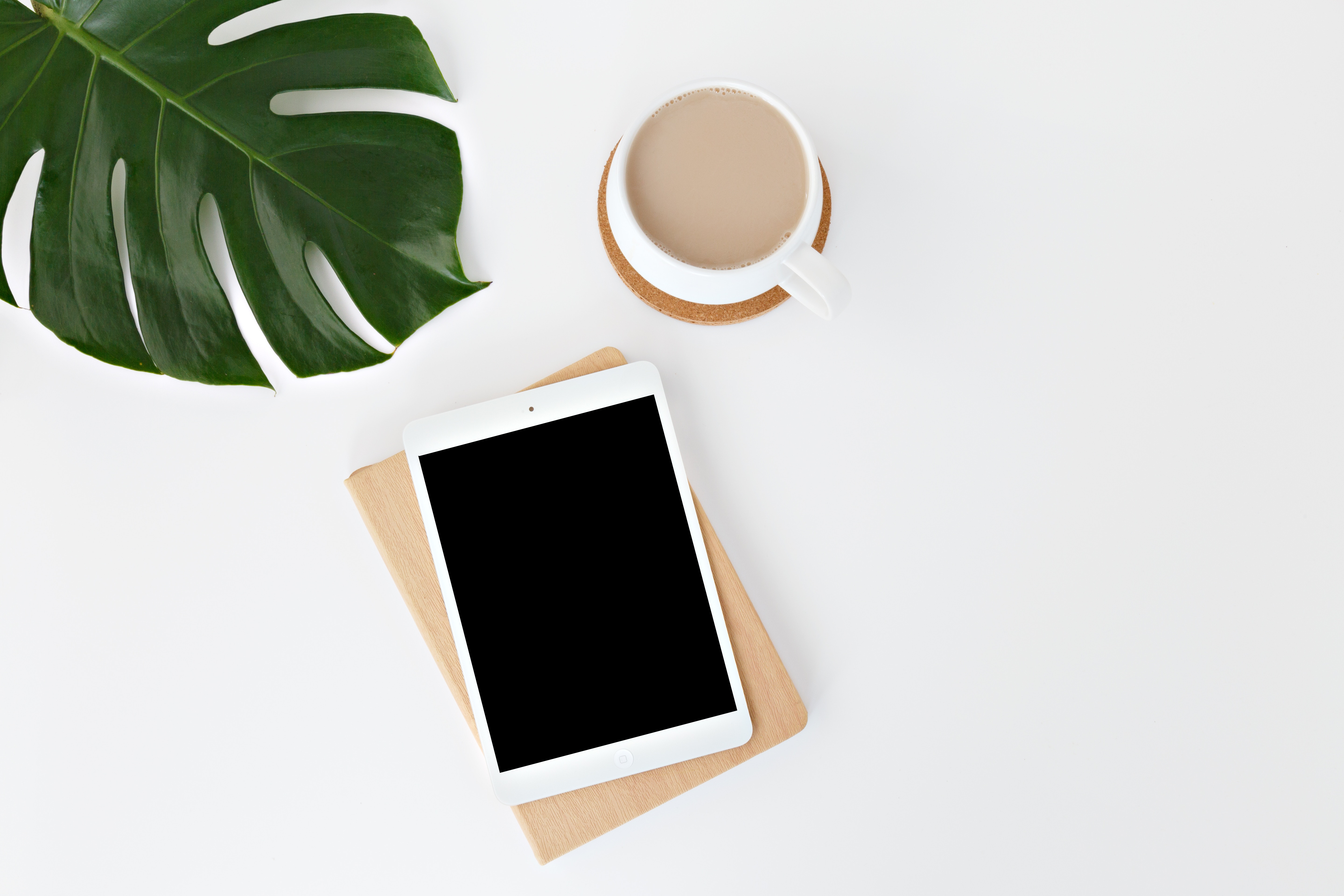 Minimalist workspace with iPad, coffee, and monstera leaf HD Wallpaper