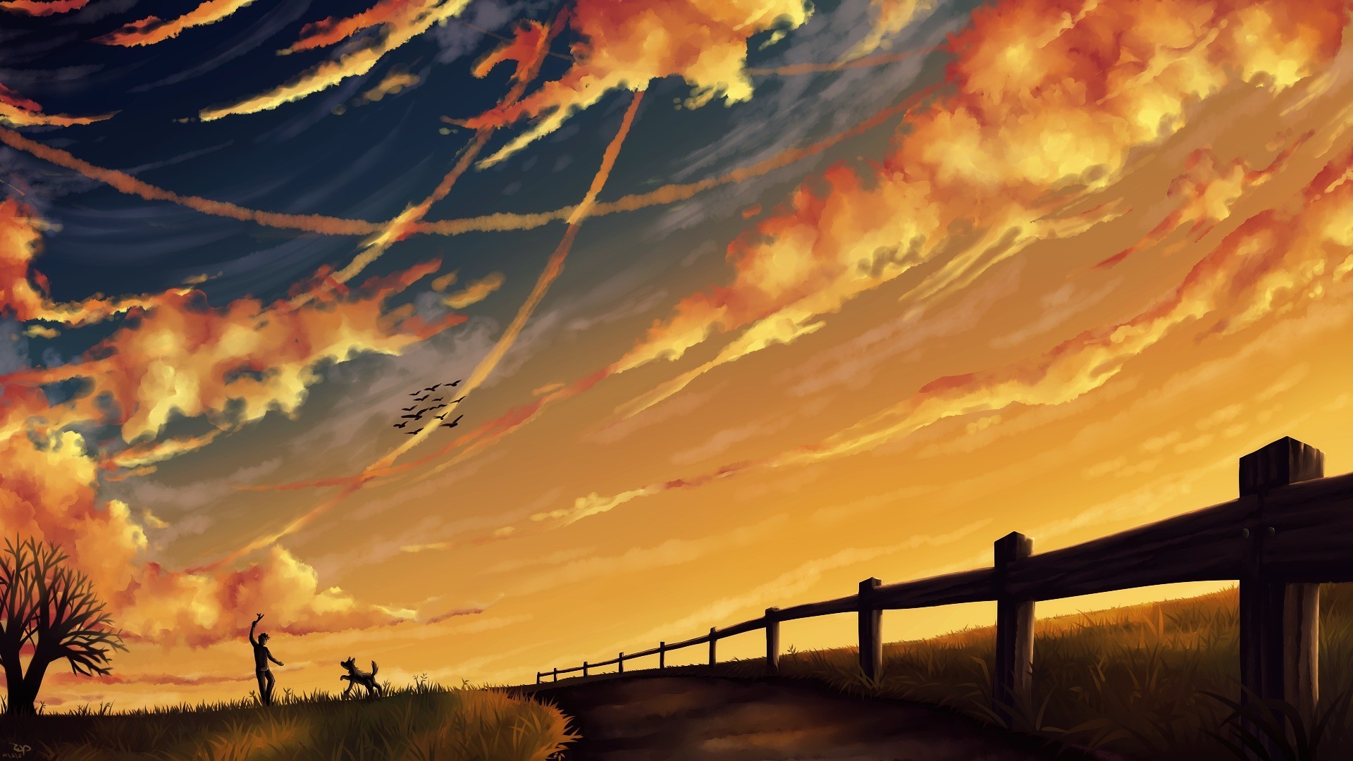 Silhouette of a person and dog at sunset HD Wallpaper