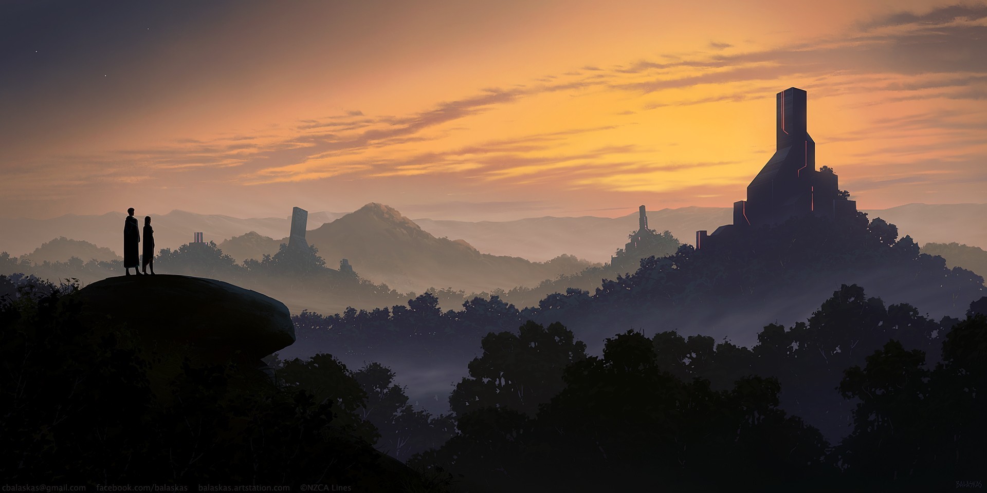 Couple overlooking a misty landscape with futuristic structures at sunset HD Wallpaper