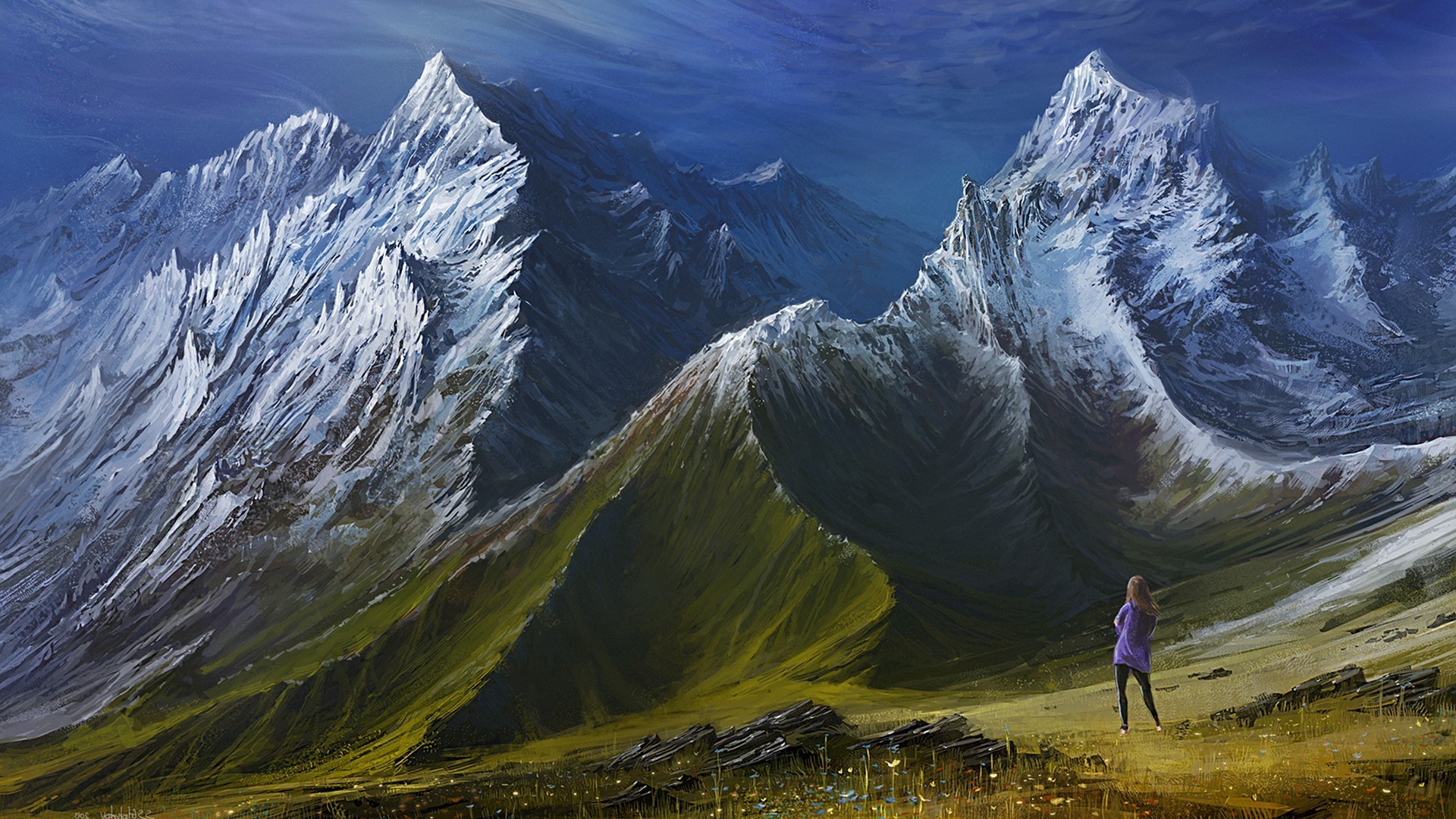 Woman in purple looking at snowy mountains HD Wallpaper