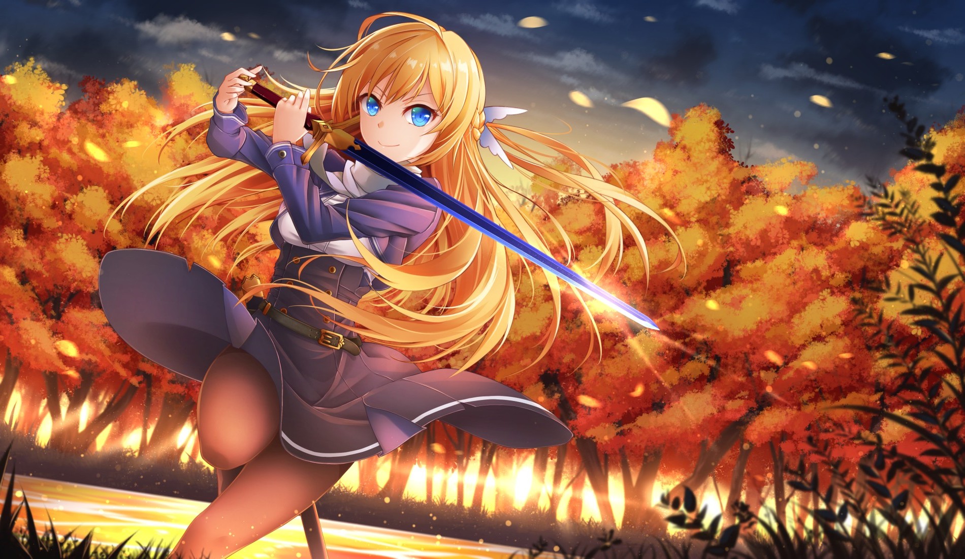 Anime girl with blonde hair and blue eyes holding a sword HD Wallpaper