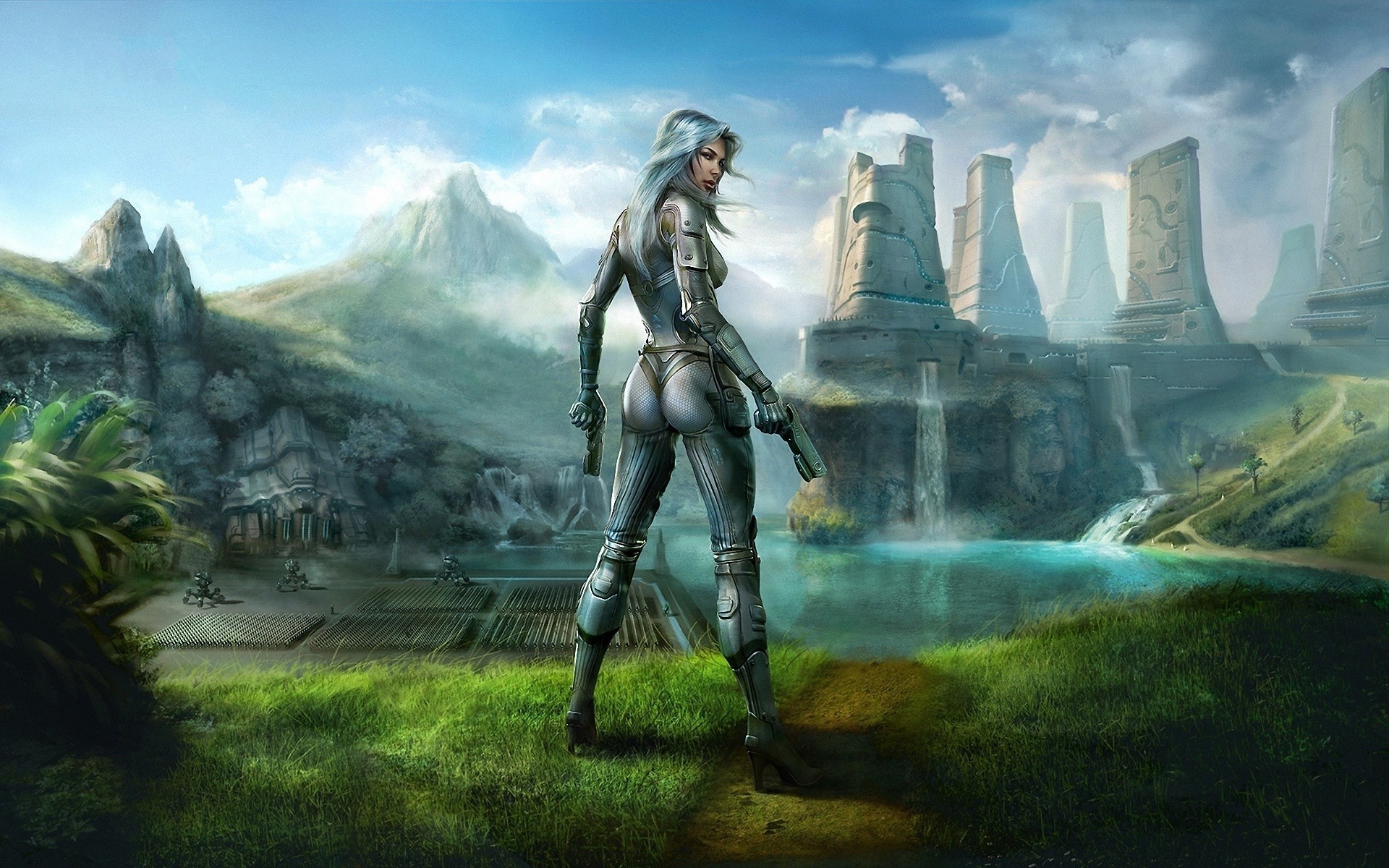 Futuristic woman with guns in a fantasy landscape HD Wallpaper