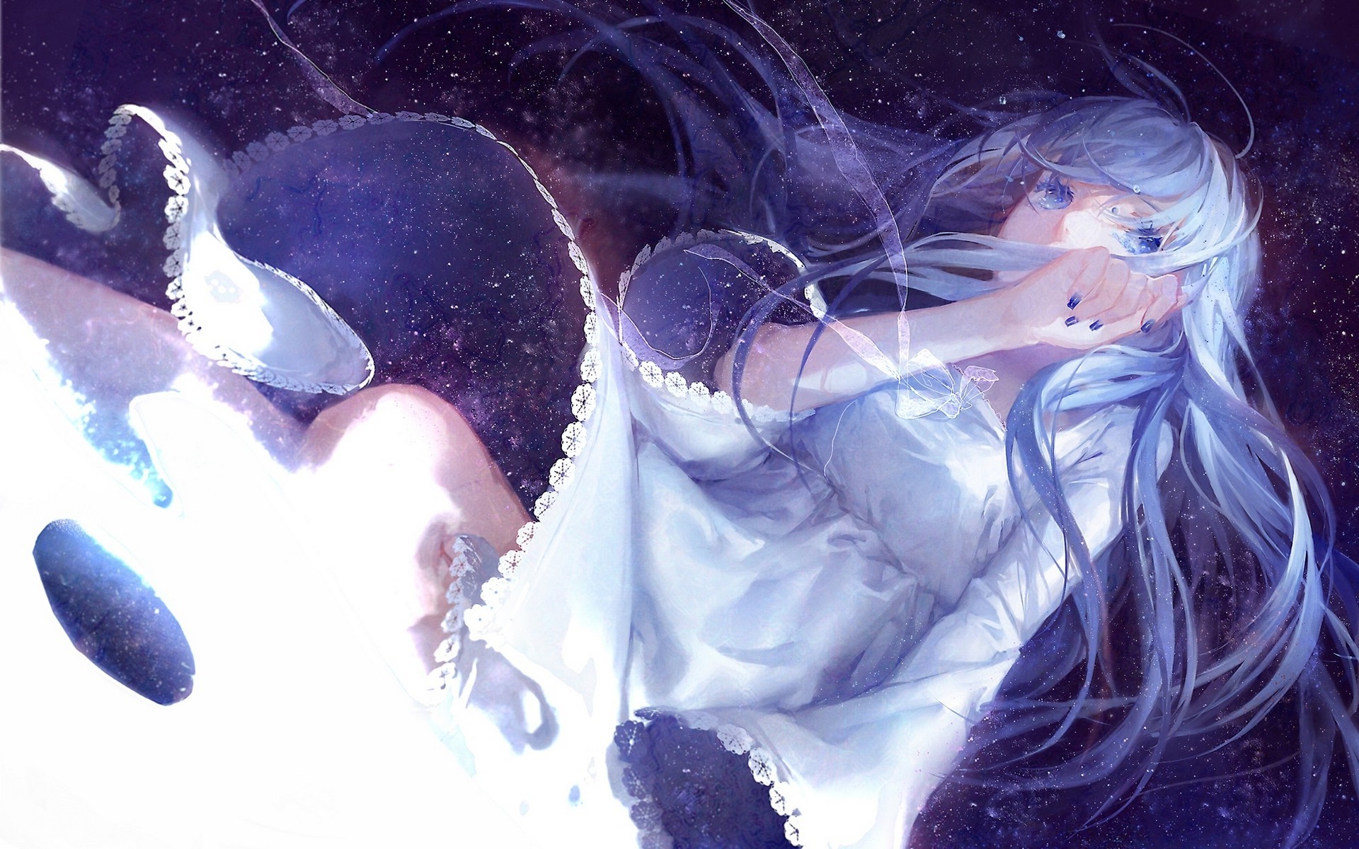 Anime girl with white hair and blue eyes in space HD Wallpaper