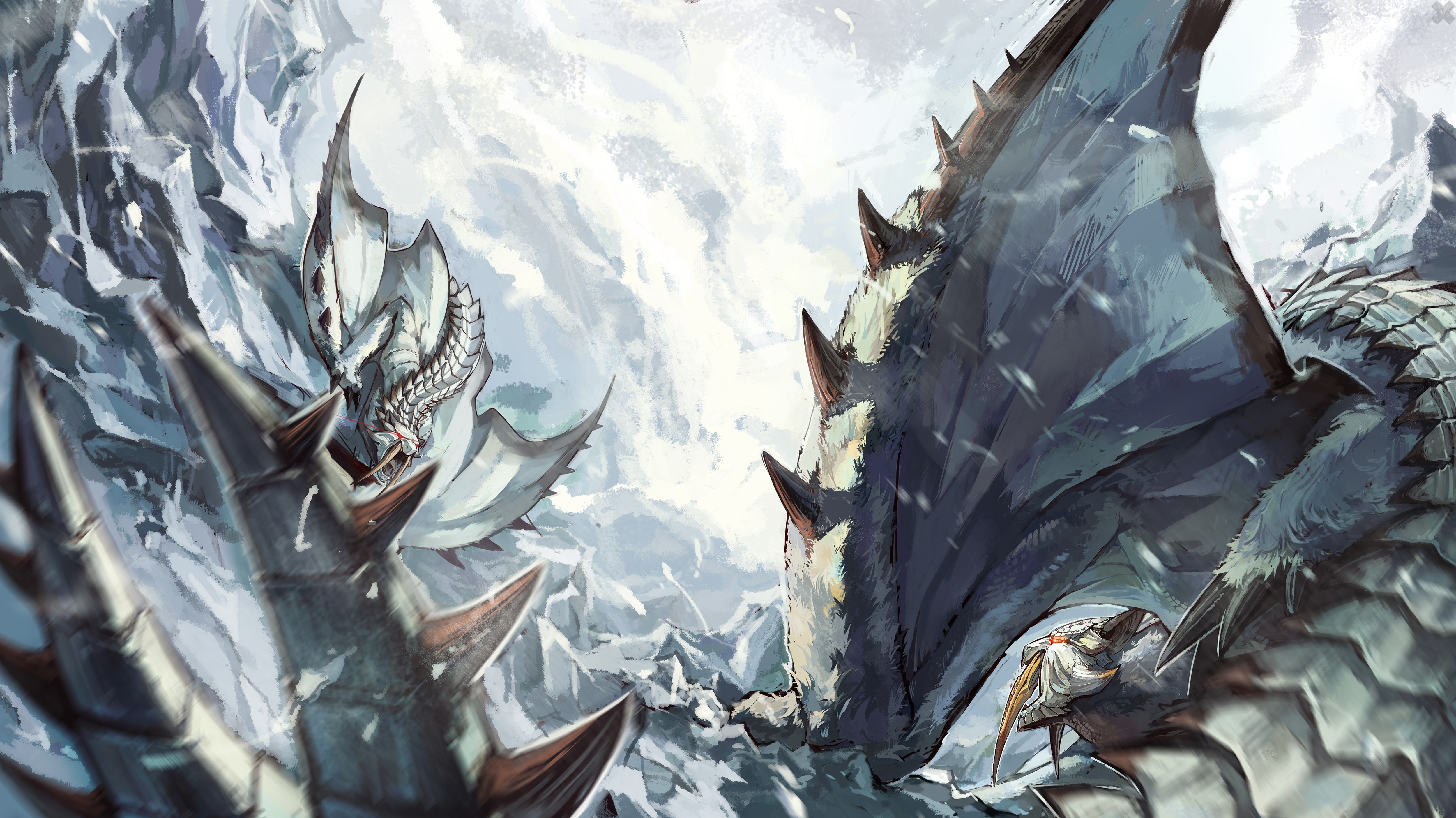 Two dragons fighting in a snowy mountain landscape HD Wallpaper