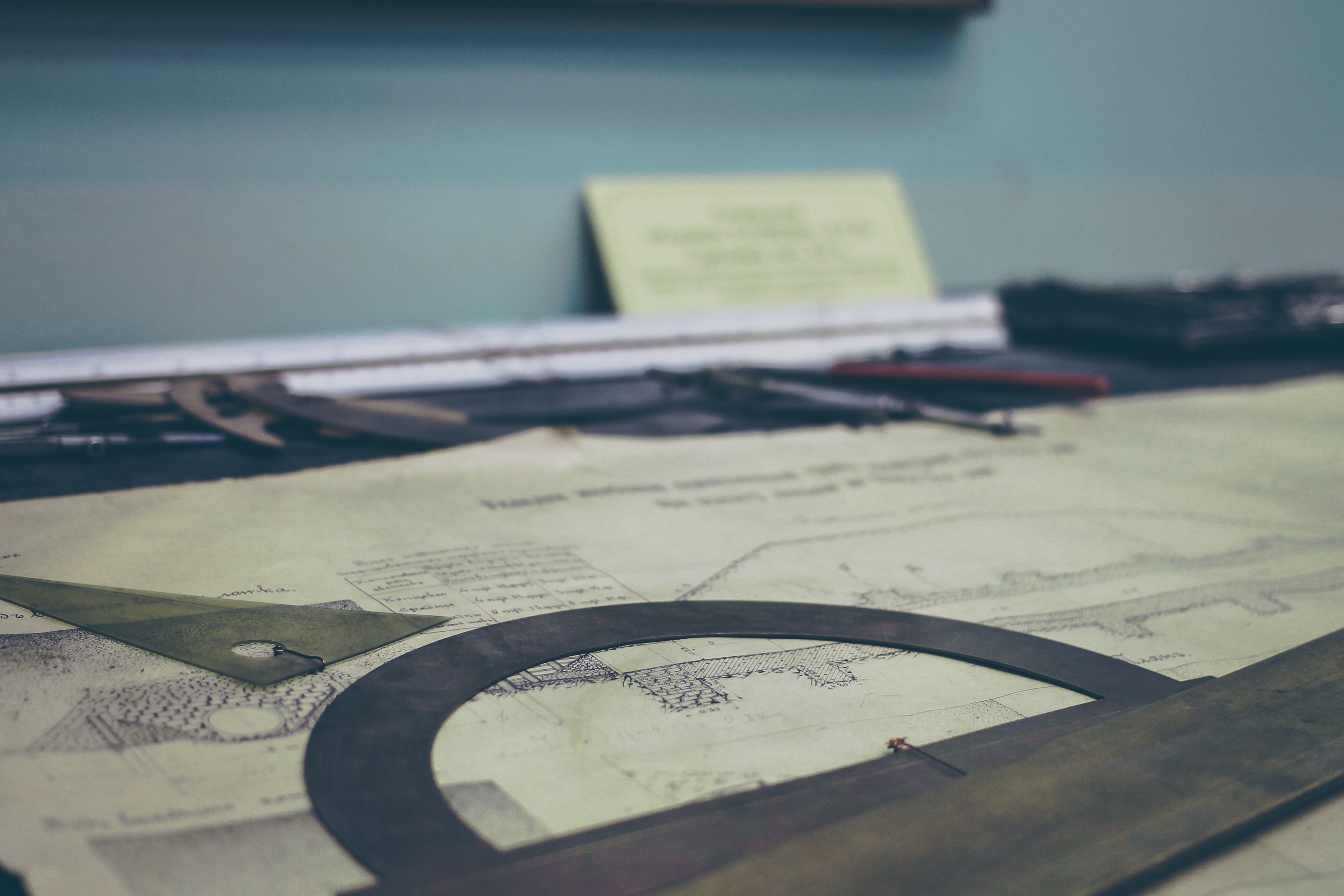 Architectural drawing tools on a blueprint HD Wallpaper