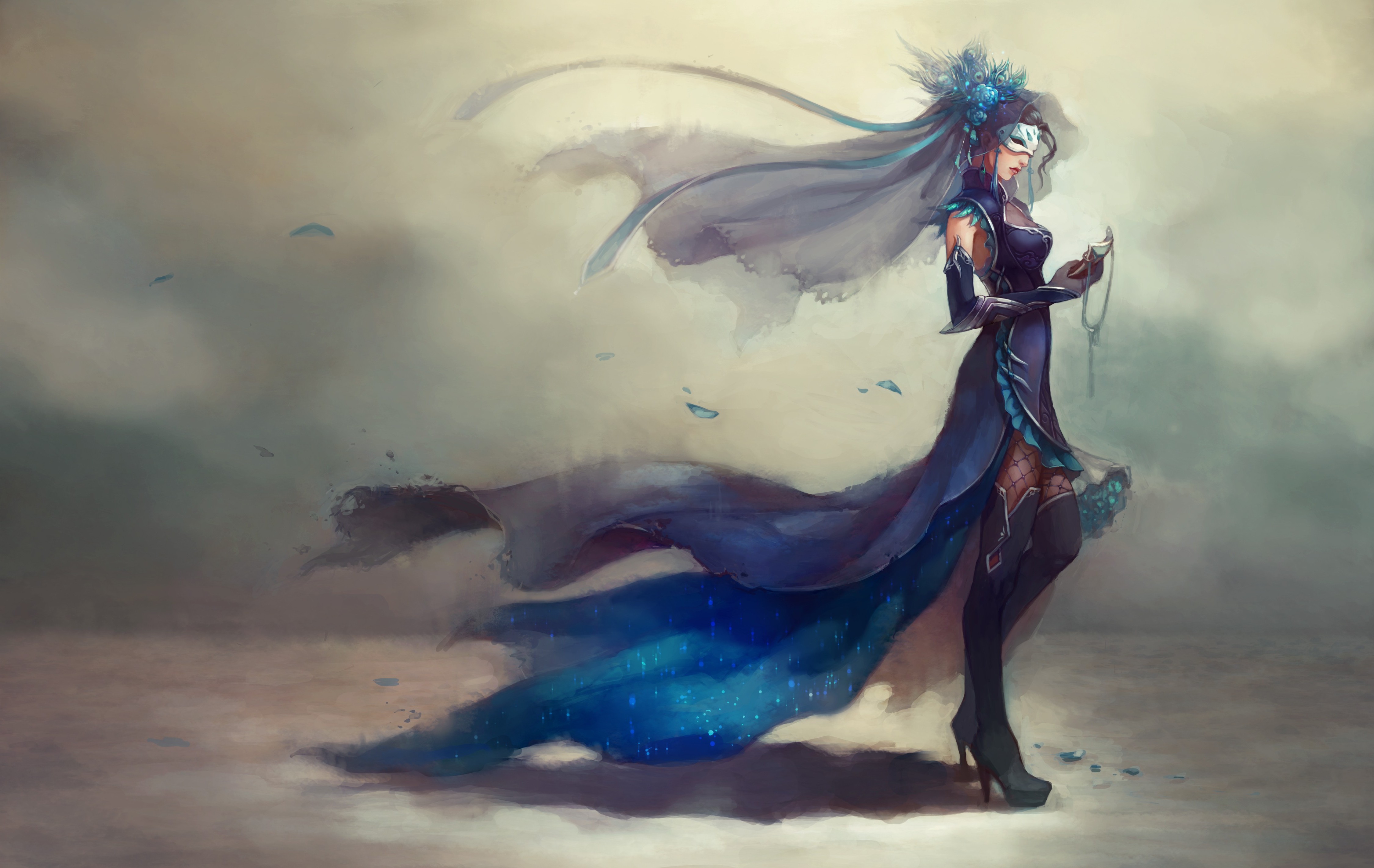 Anime girl in a blue dress and mask HD Wallpaper