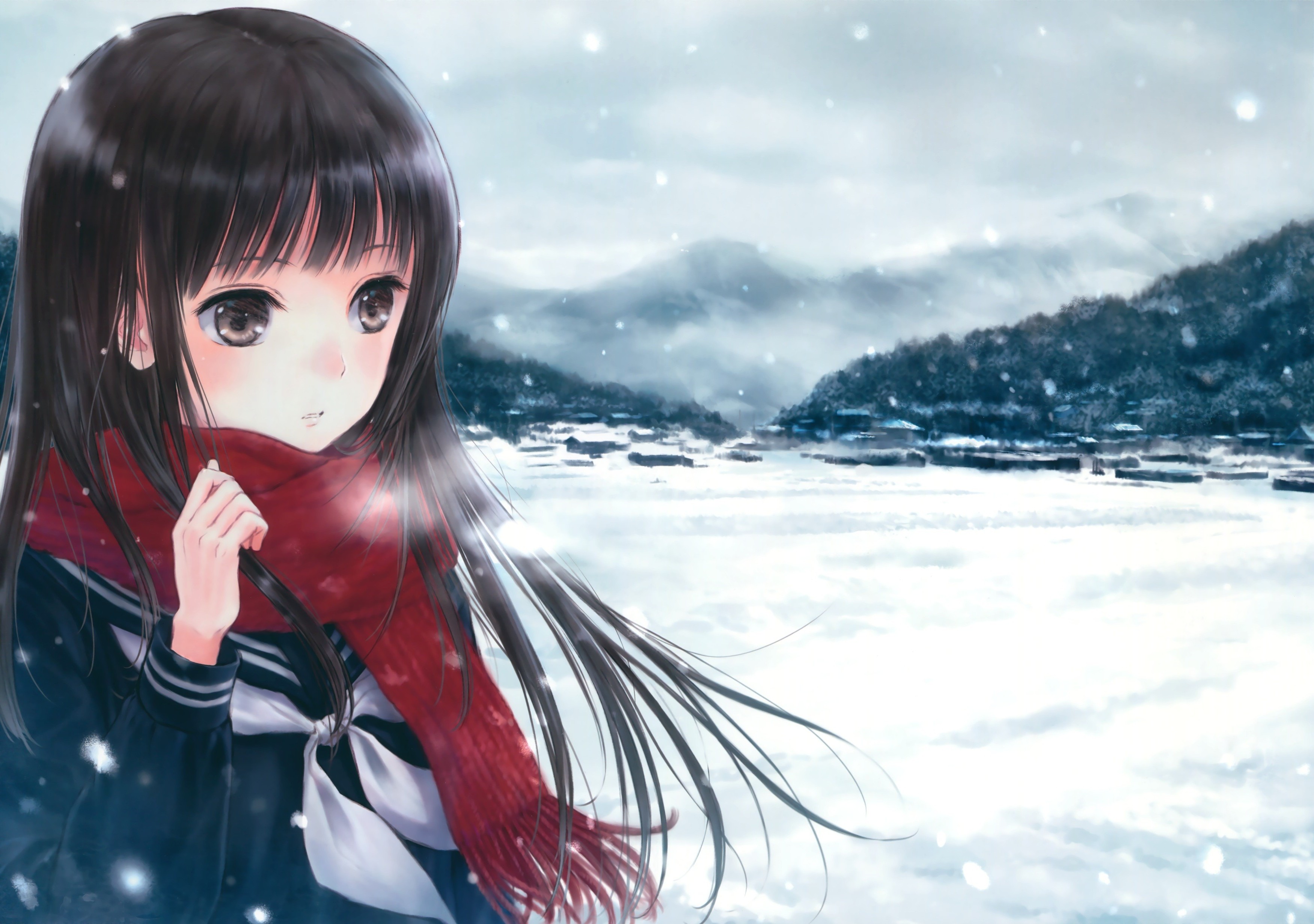 Anime girl in school uniform with red scarf in snow HD Wallpaper