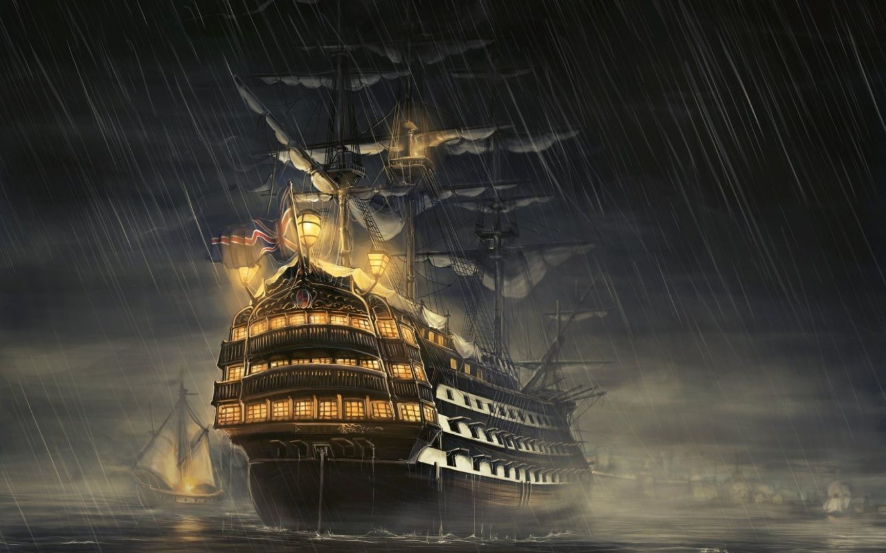 Fantasy ship sailing in the rain HD Wallpaper