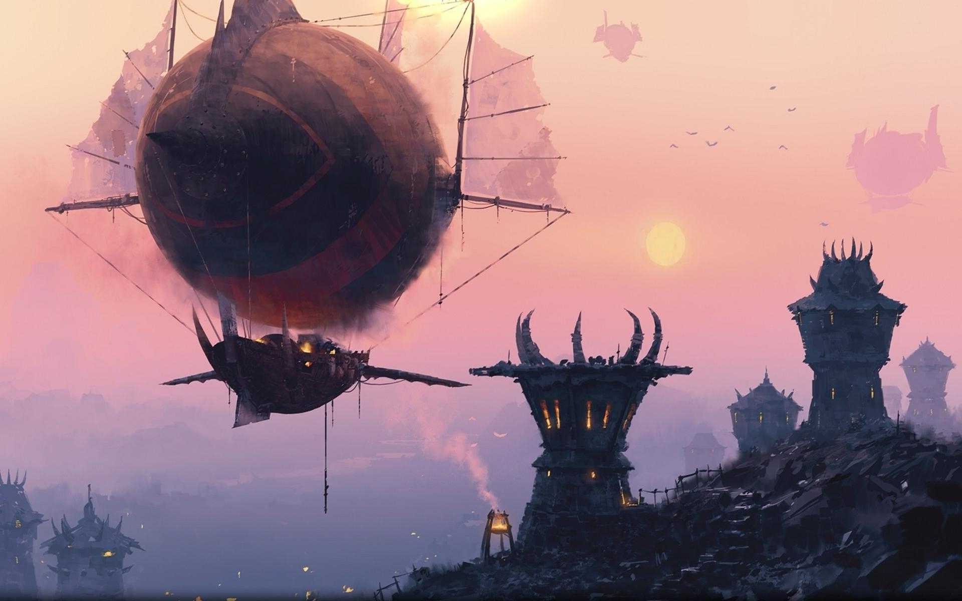 Fantasy airship over a dark, spiky city at sunset HD Wallpaper