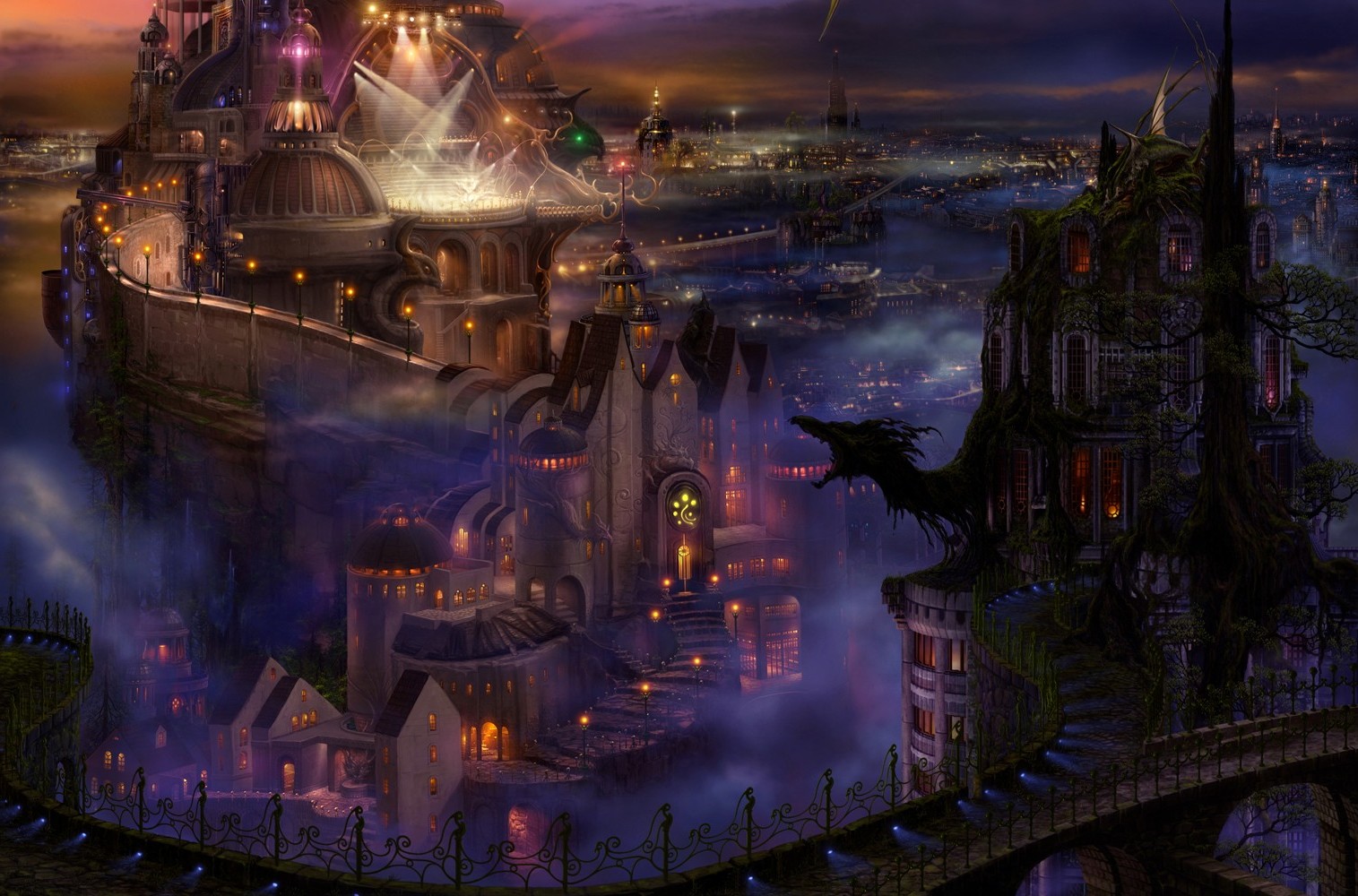 Mystical Fantasy Cityscape at Twilight HD Wallpaper