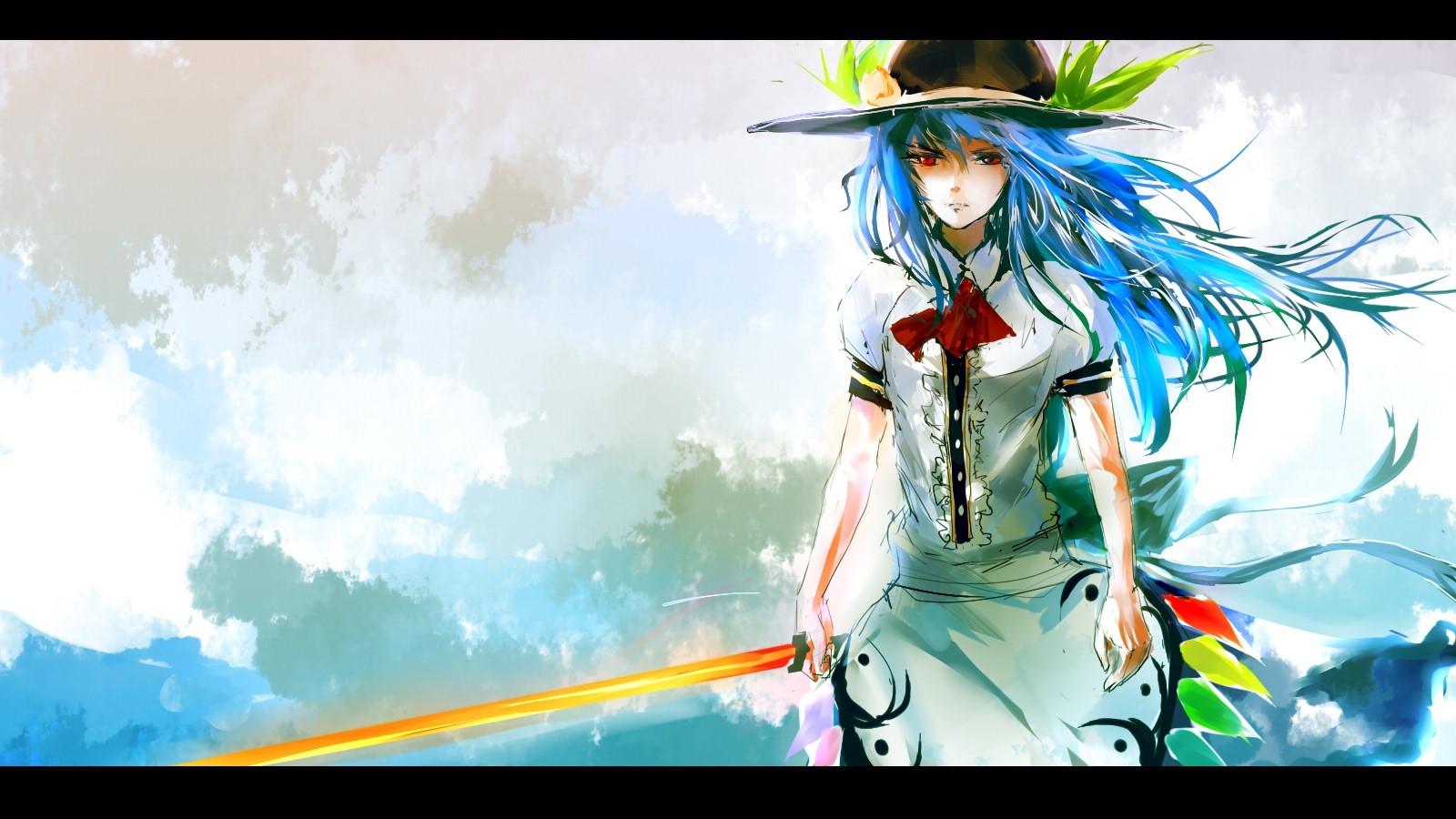 Hinanawi Tenshi from Touhou holding a sword HD Wallpaper