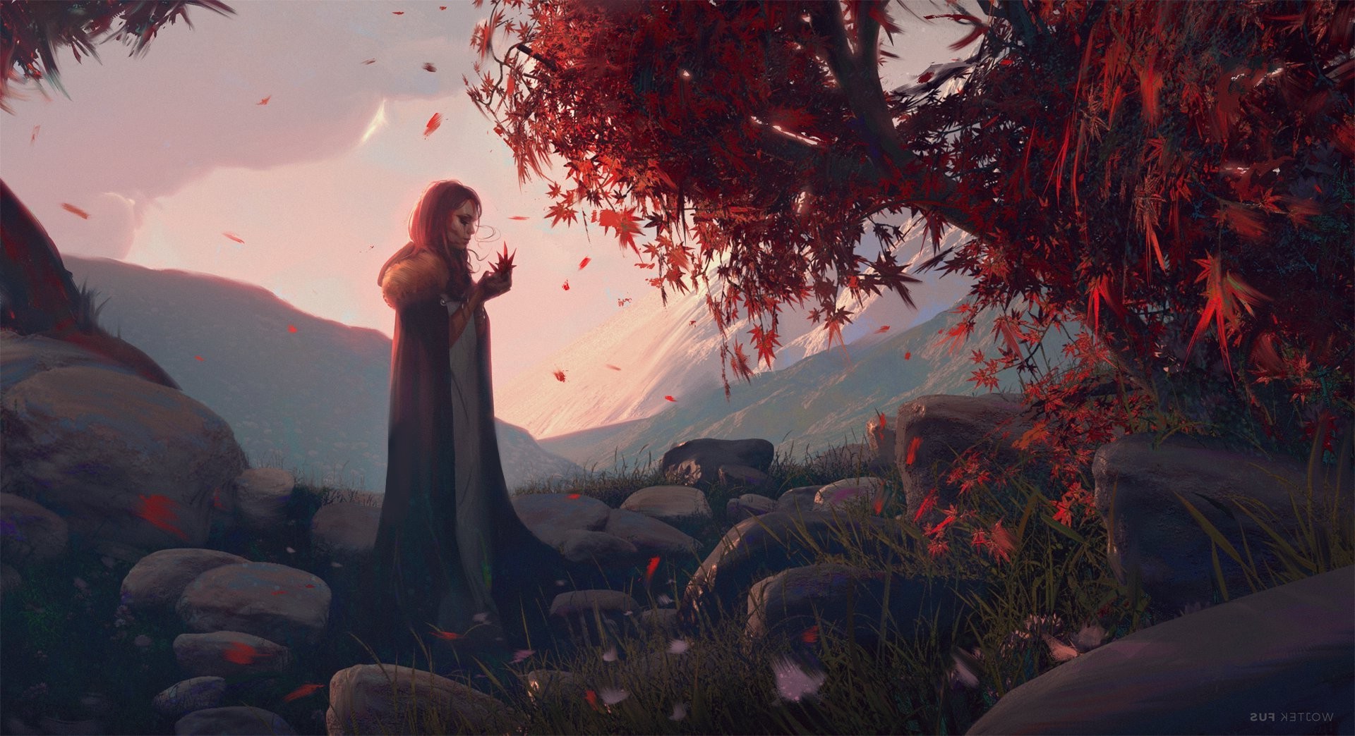 Fantasy art of a redhead woman near red trees HD Wallpaper