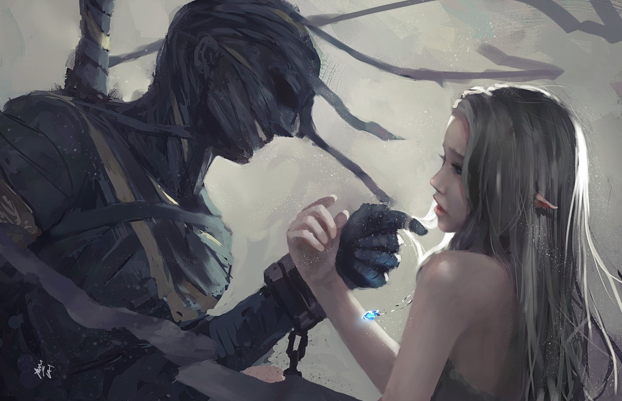Fantasy art of a chained figure and a girl HD Wallpaper