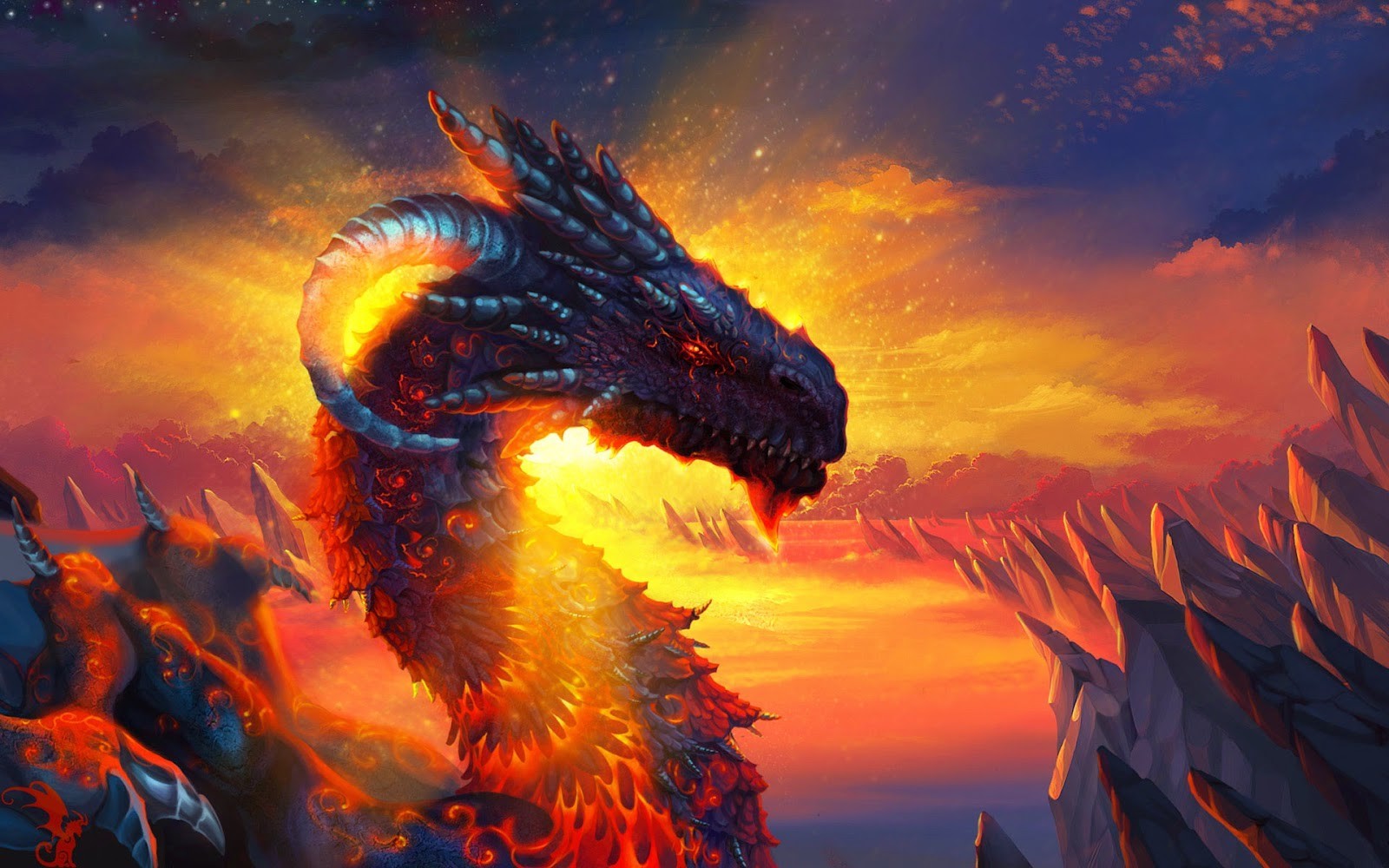 Fiery Dragon Against a Dramatic Sunset Sky HD Wallpaper