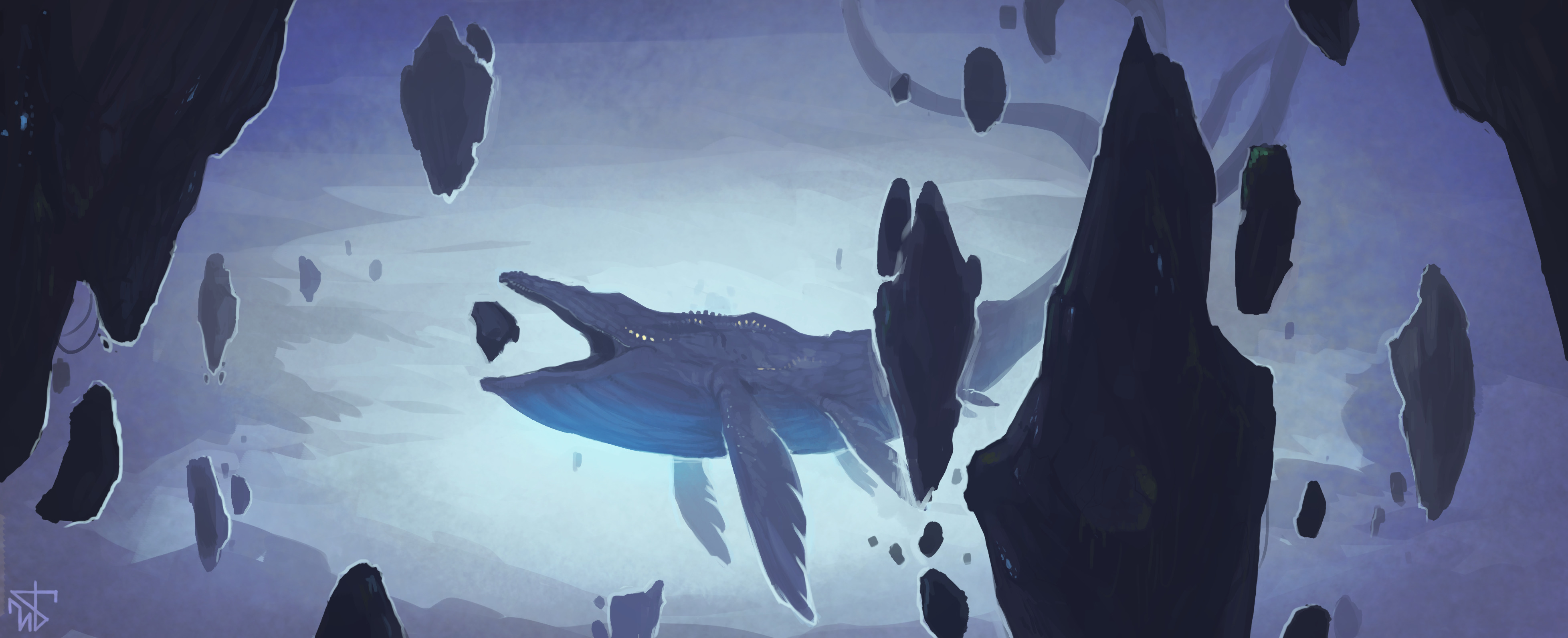 Fantasy whale swimming among floating rocks HD Wallpaper