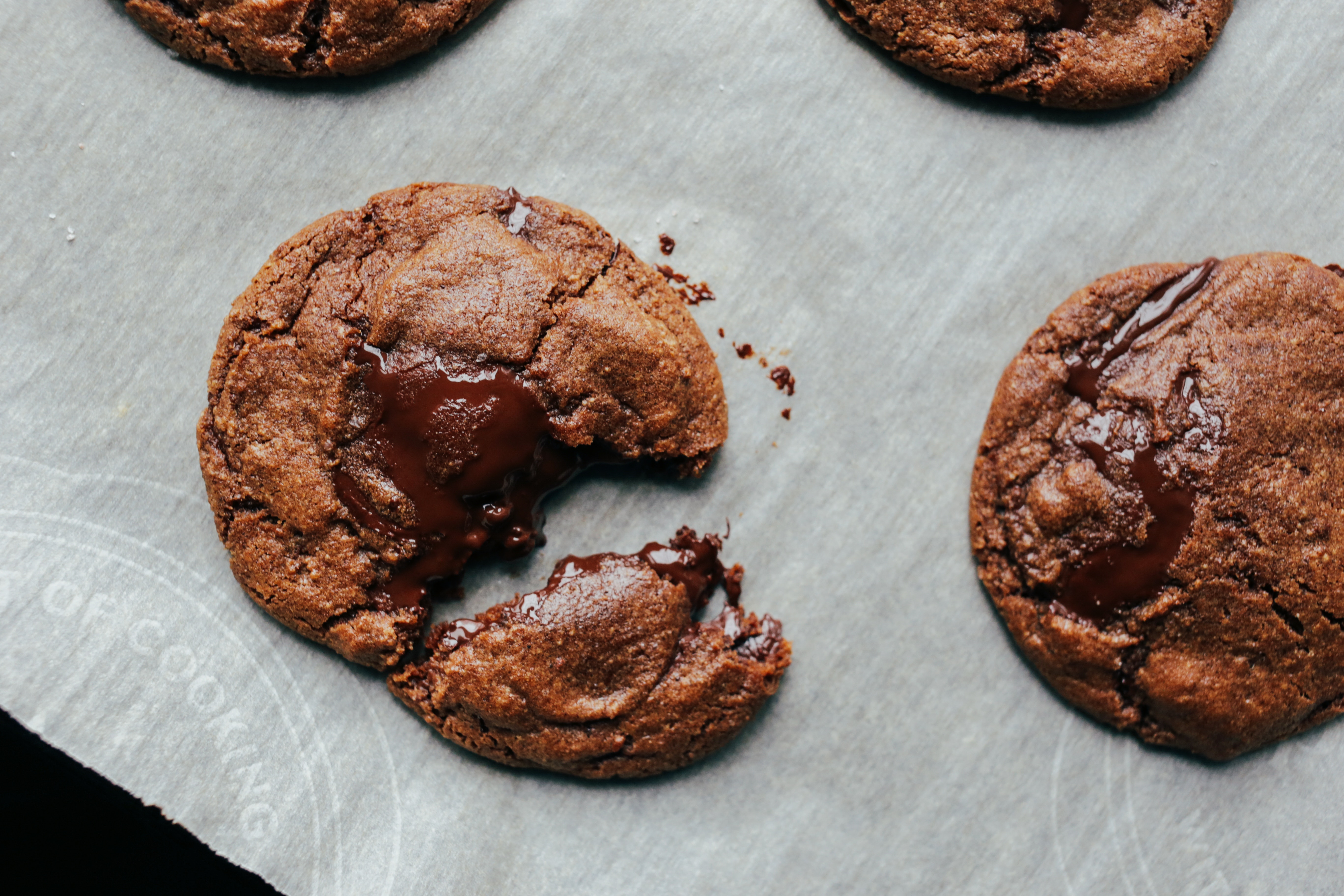 Gooey chocolate chip cookies on baking paper HD Wallpaper