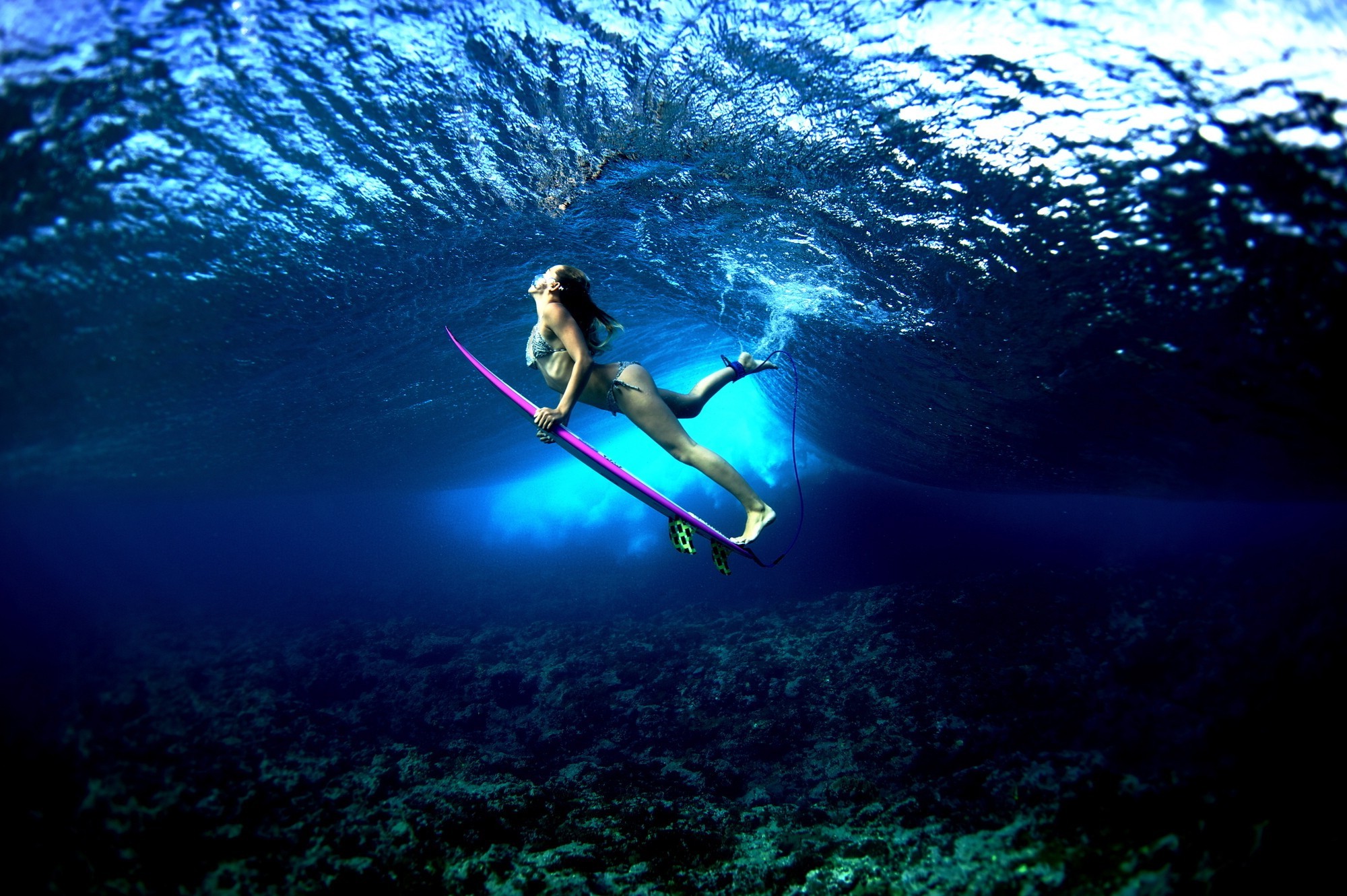 Woman underwater with surfboard HD Wallpaper