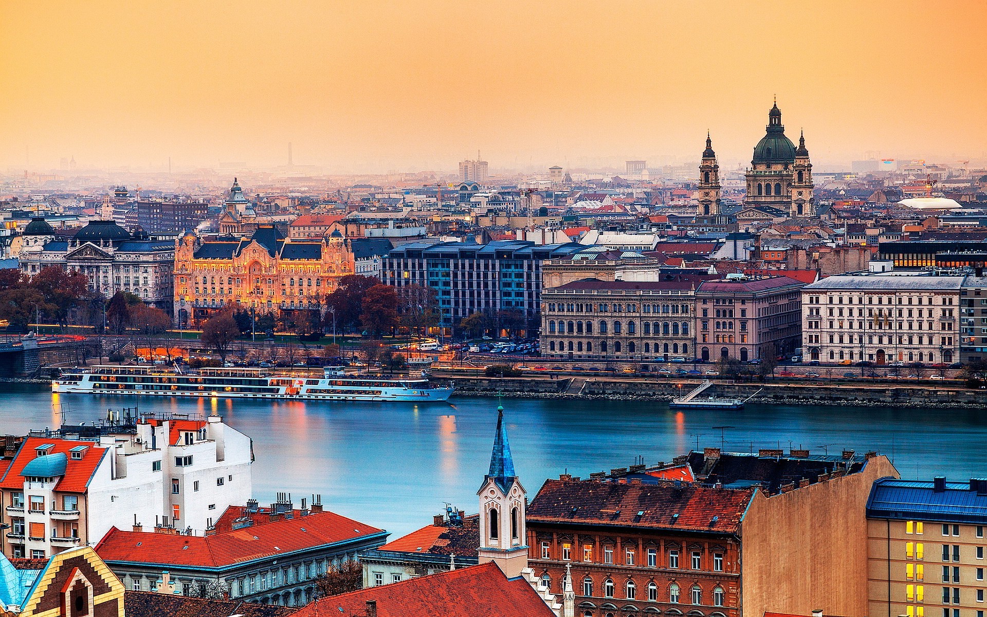 Budapest cityscape with Danube River and St. Stephen's Basilica HD Wallpaper