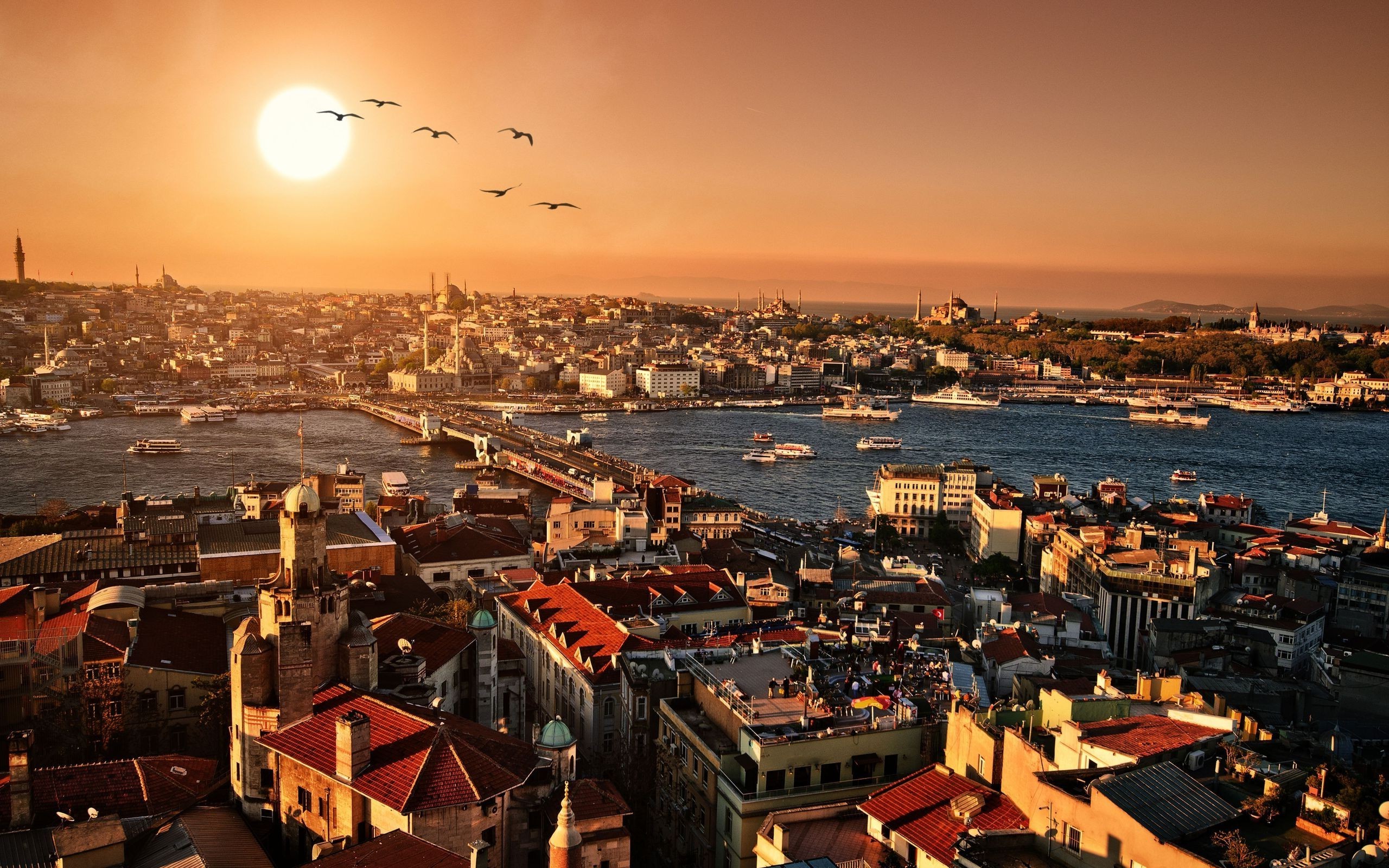 Istanbul cityscape with Golden Horn and Galata Bridge at sunset HD Wallpaper