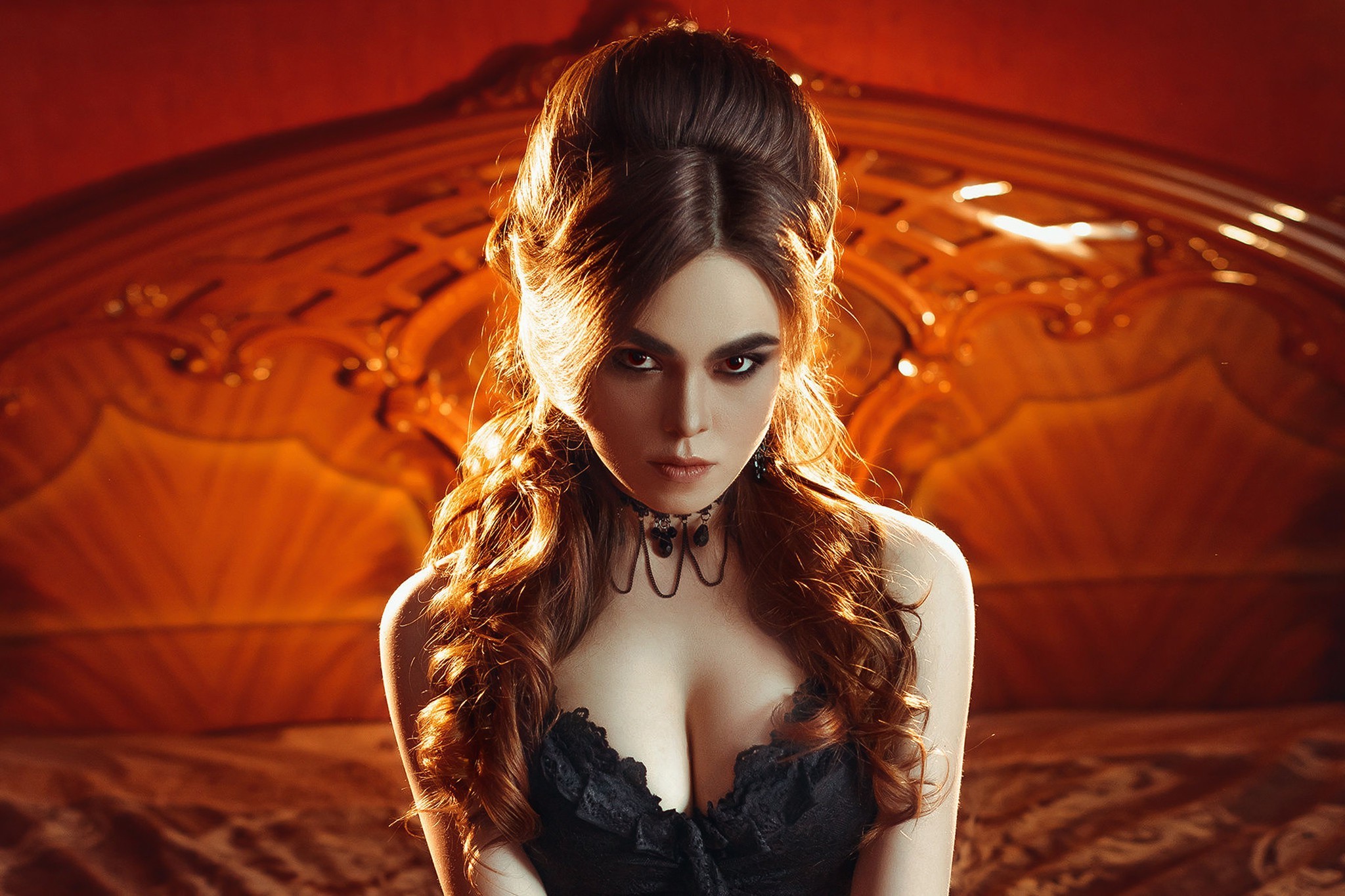 Woman with dark makeup and red hair HD Wallpaper