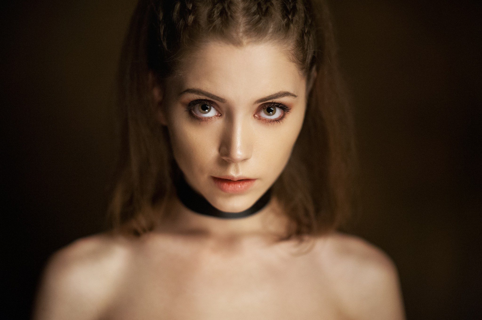 Woman with braided hair and choker looking at viewer HD Wallpaper