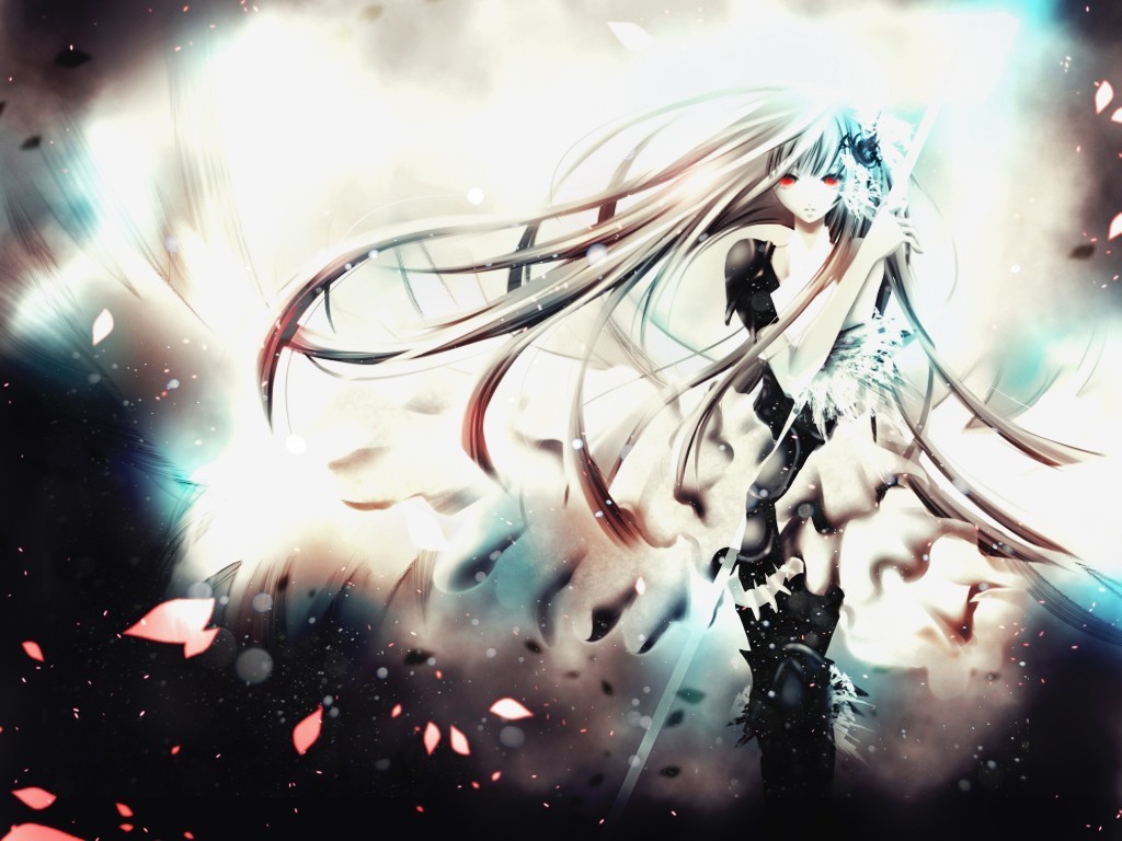 Anime girl with long white hair and red eyes holding a sword HD Wallpaper