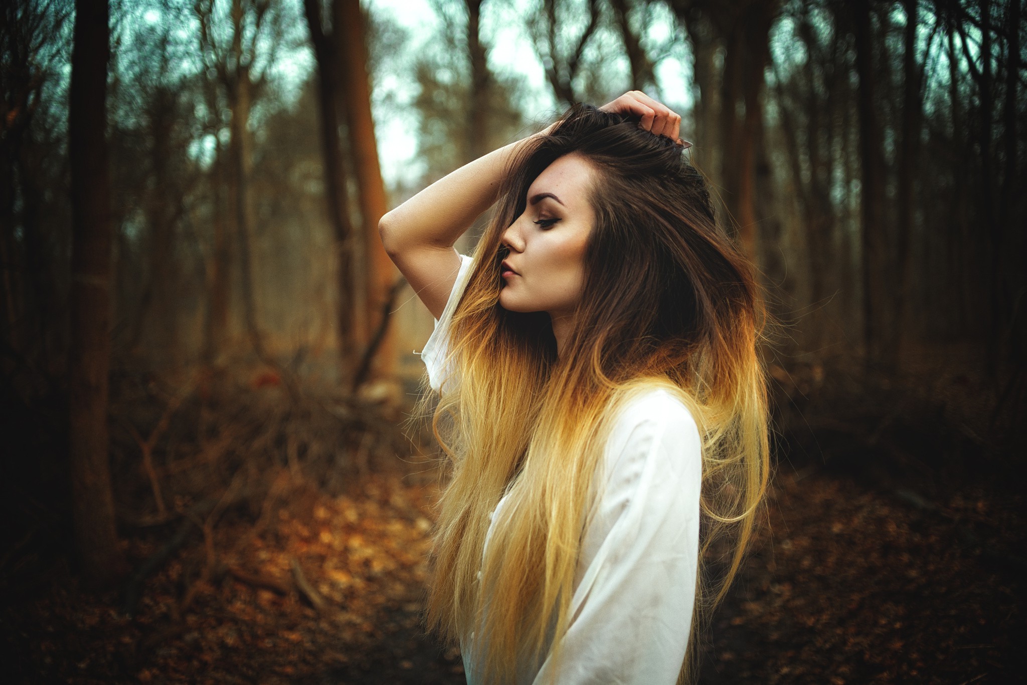 Woman with ombre hair in a forest HD Wallpaper
