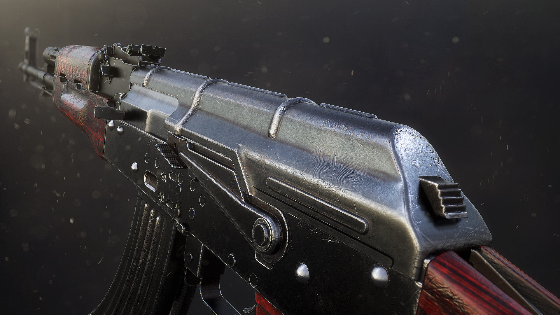 Close-up of an AKM rifle with wooden furniture HD Wallpaper