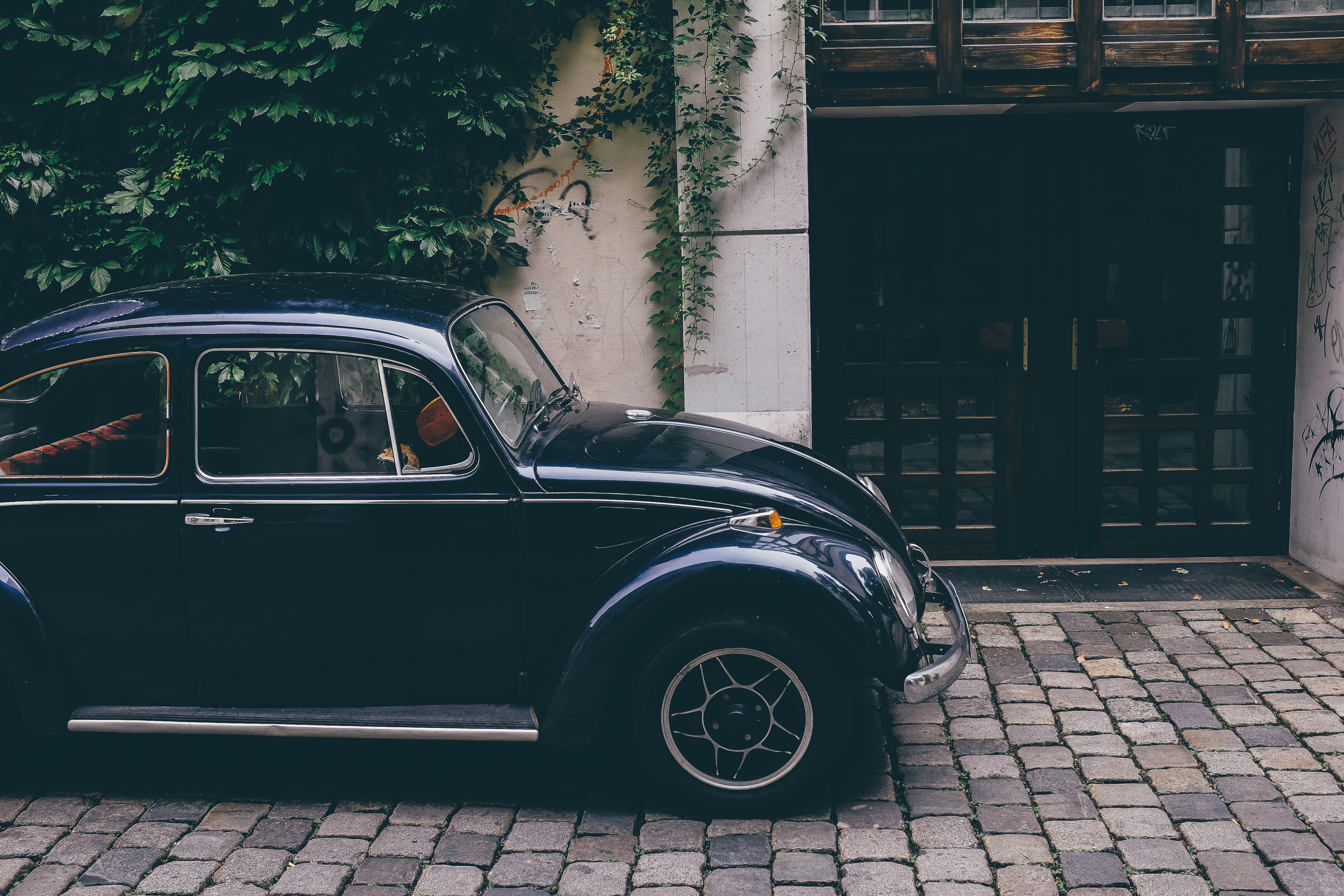 Black Volkswagen Beetle parked on cobblestone street HD Wallpaper