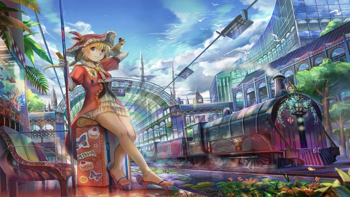 Anime girl with bird at train station with steam train HD Wallpaper