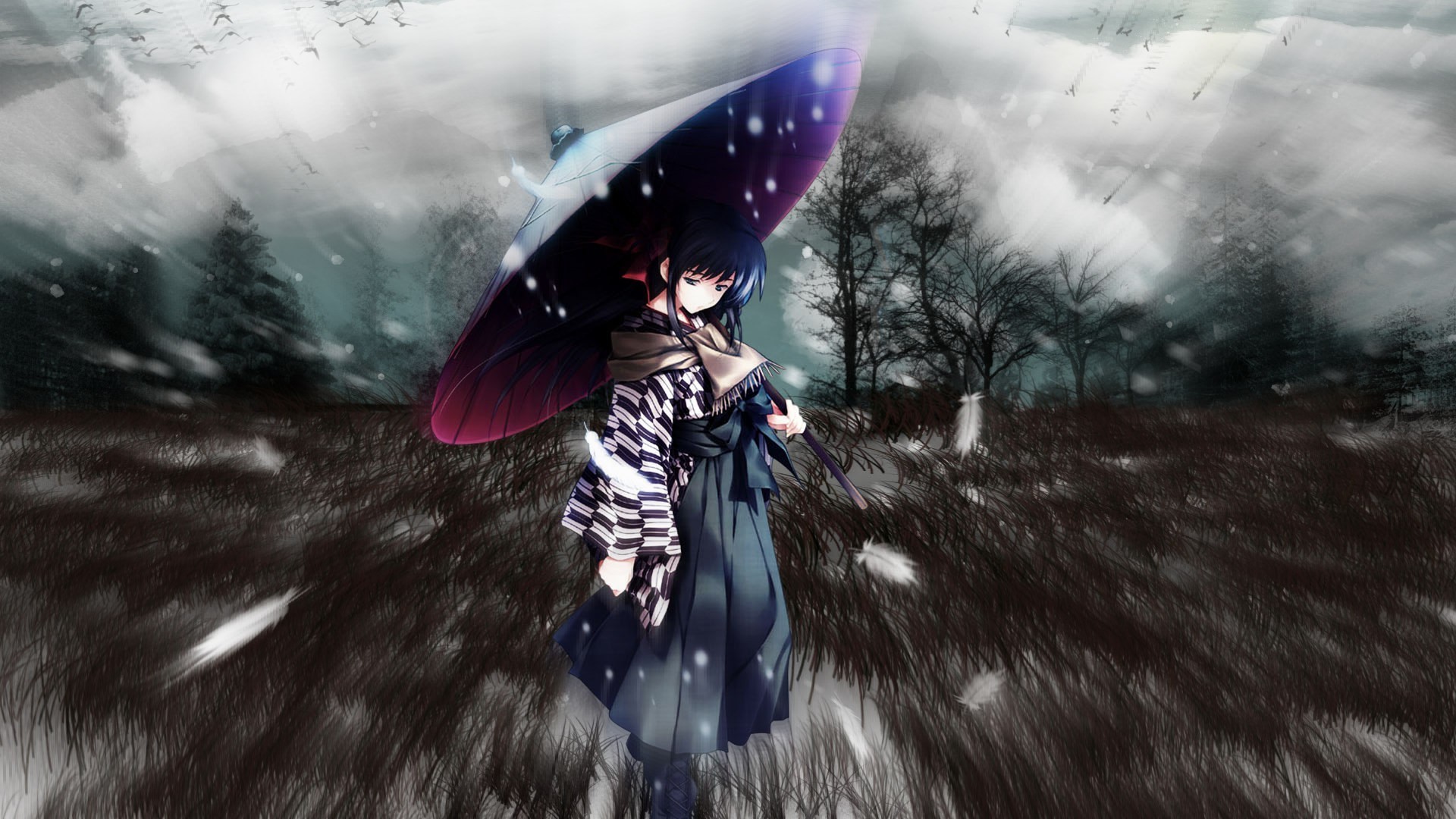Anime girl with umbrella in snowy field HD Wallpaper