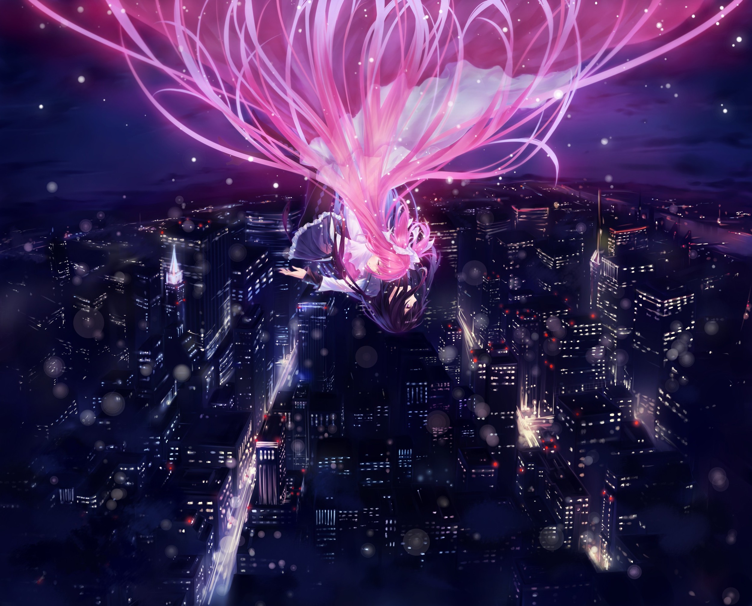Madoka Kaname falling over a city at night HD Wallpaper
