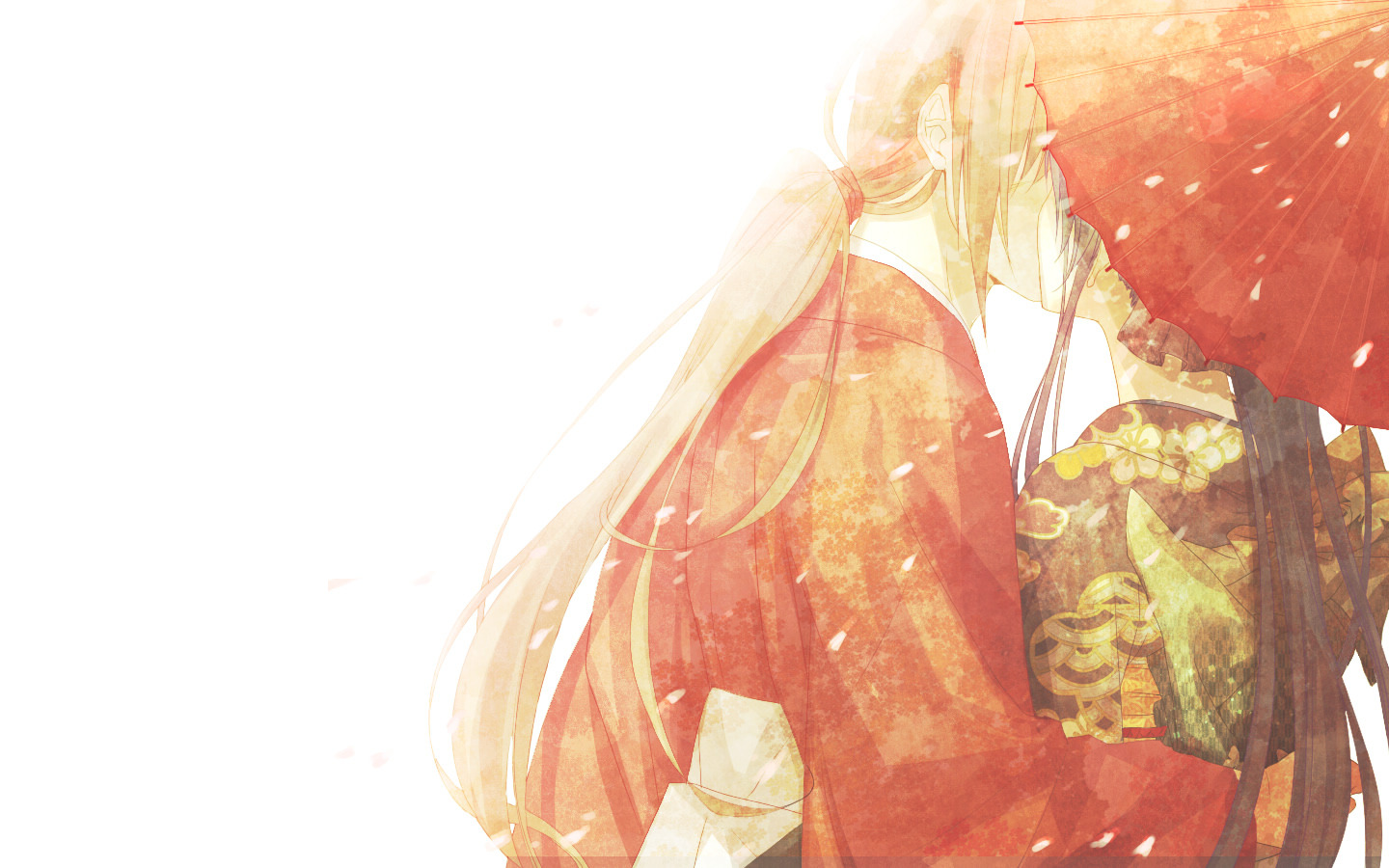 Anime couple kissing under a red umbrella HD Wallpaper