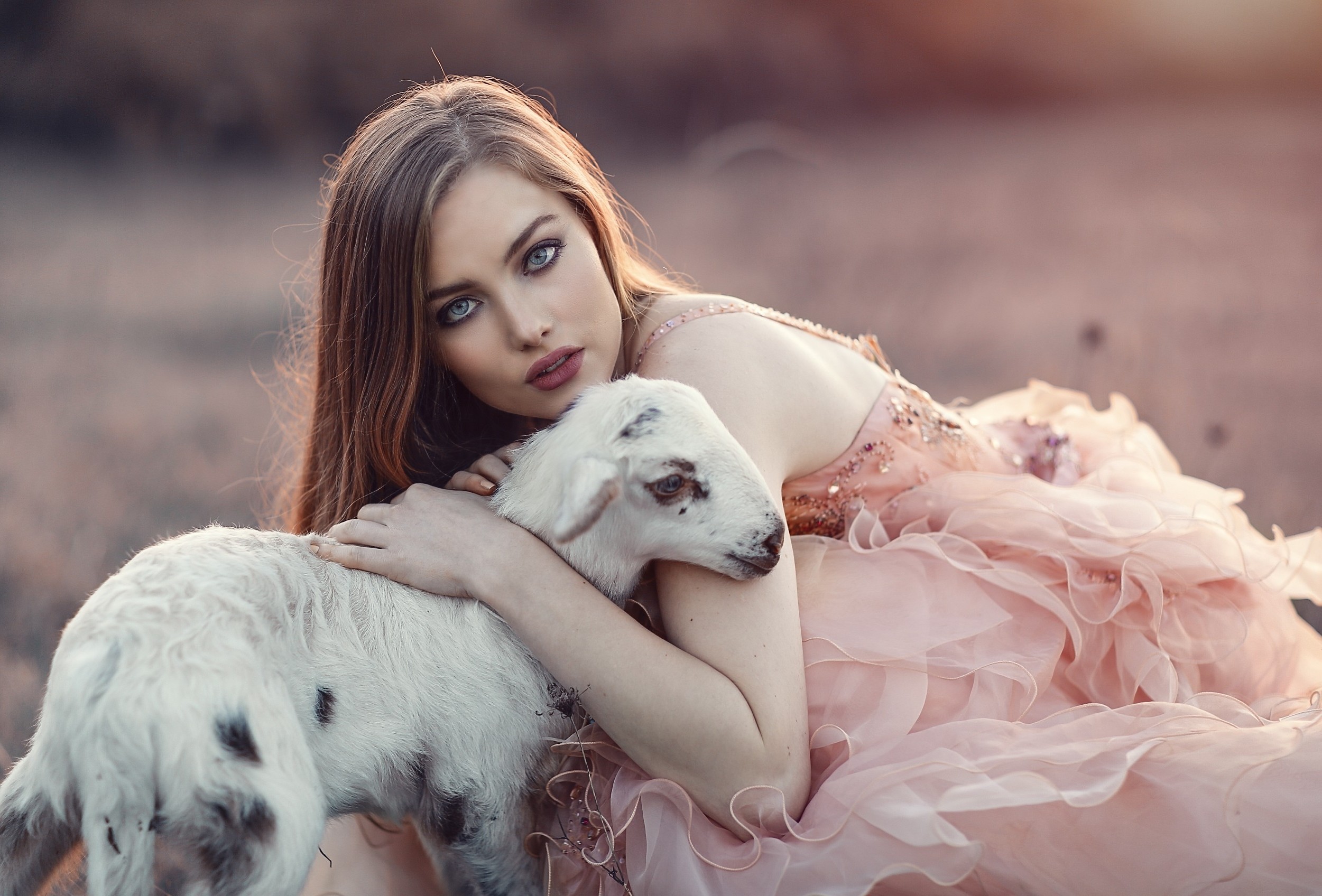 Woman in a pink dress with a lamb HD Wallpaper