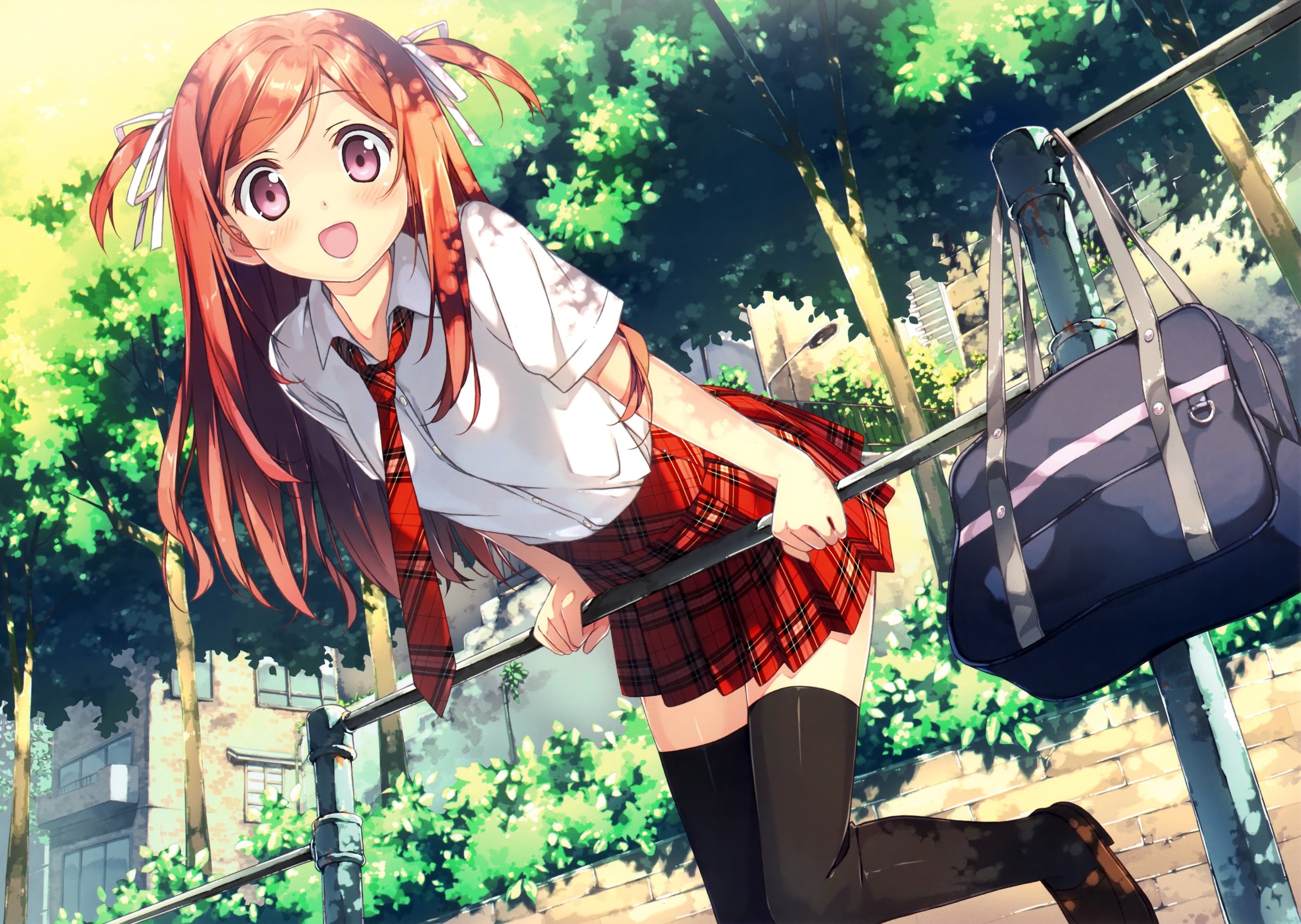 Anime girl in school uniform with plaid skirt HD Wallpaper