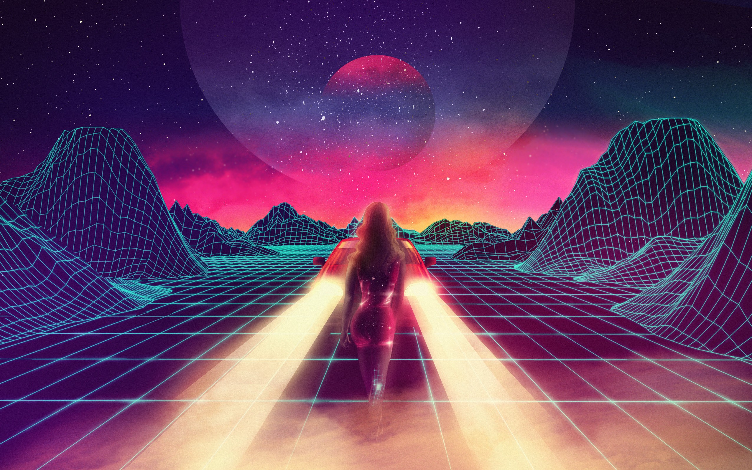 Woman in red dress in futuristic landscape HD Wallpaper