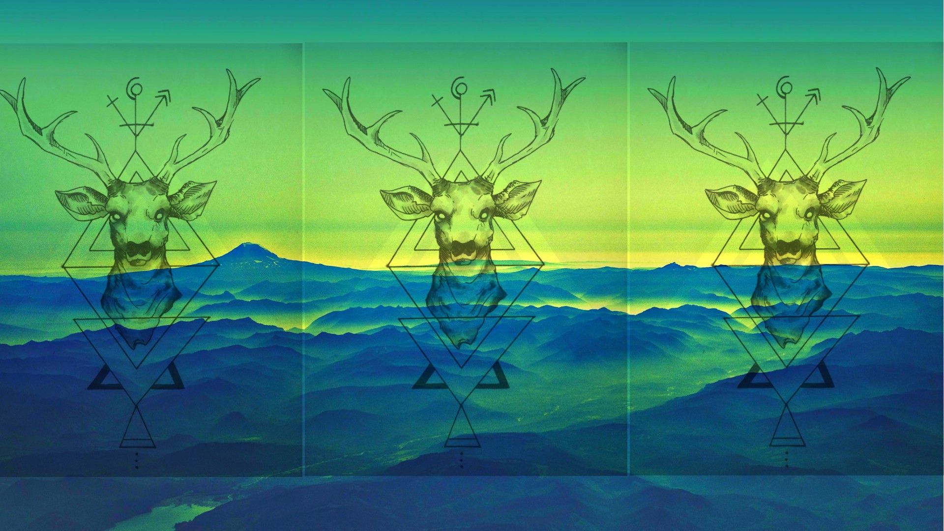 Digital art collage of deer with geometric symbols over mountains HD Wallpaper