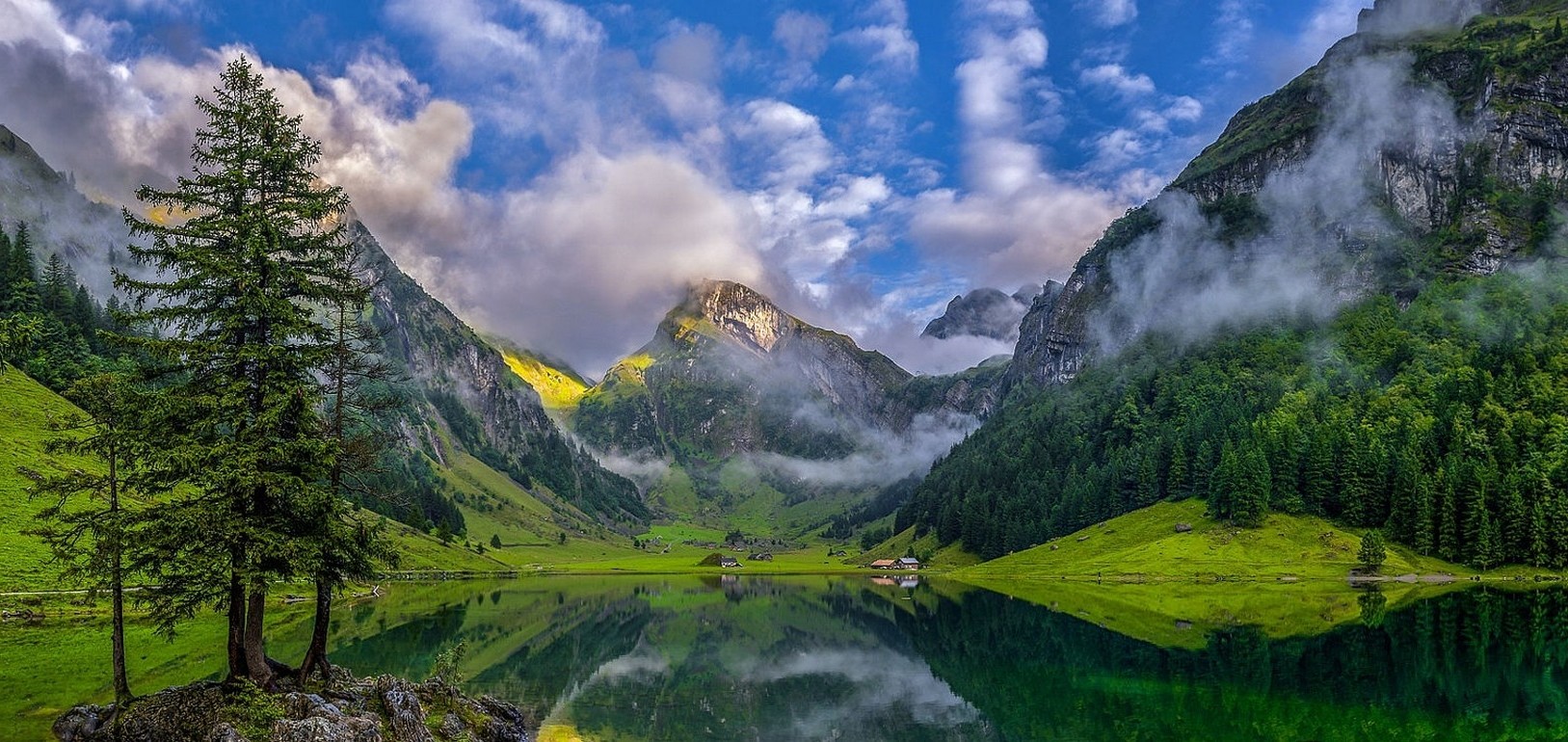Serene Mountain Lake with Cabin and Forest HD Wallpaper
