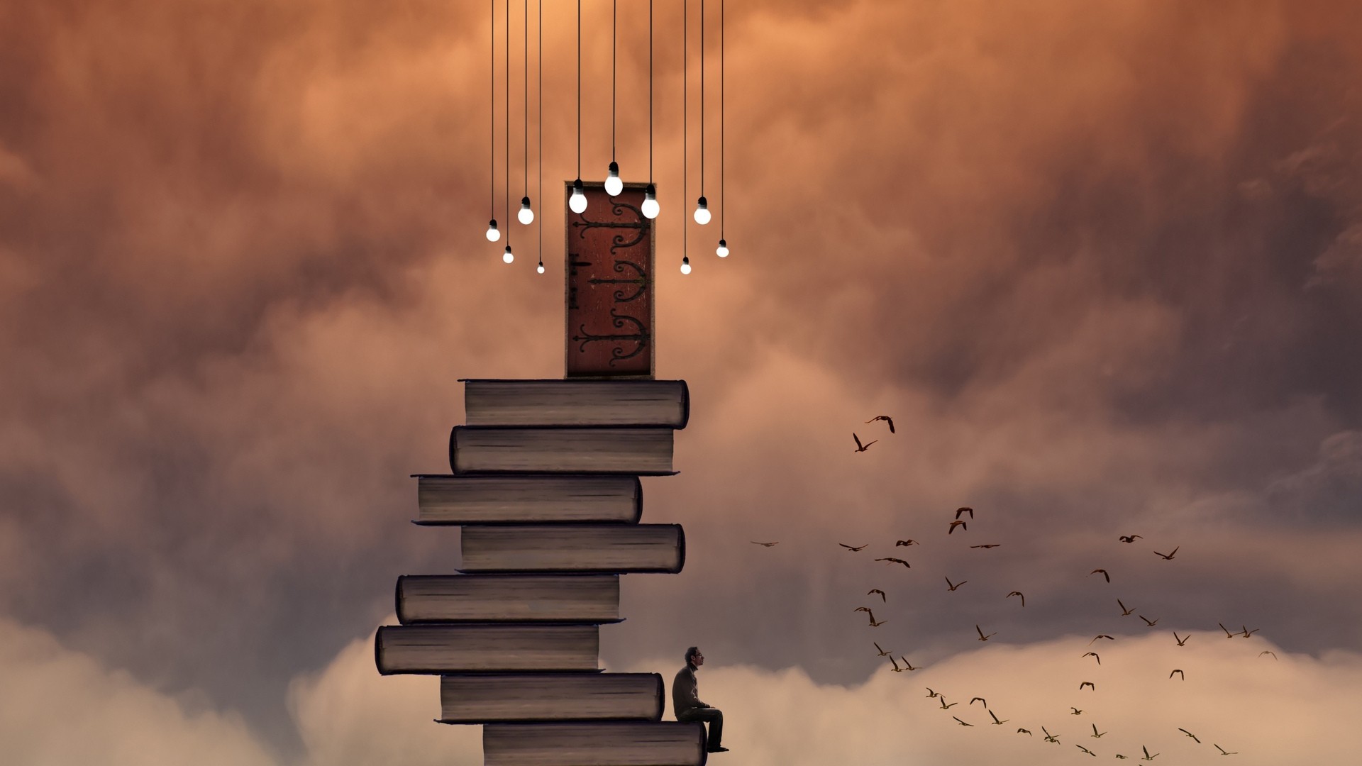 Man sitting on books leading to a door with lights HD Wallpaper