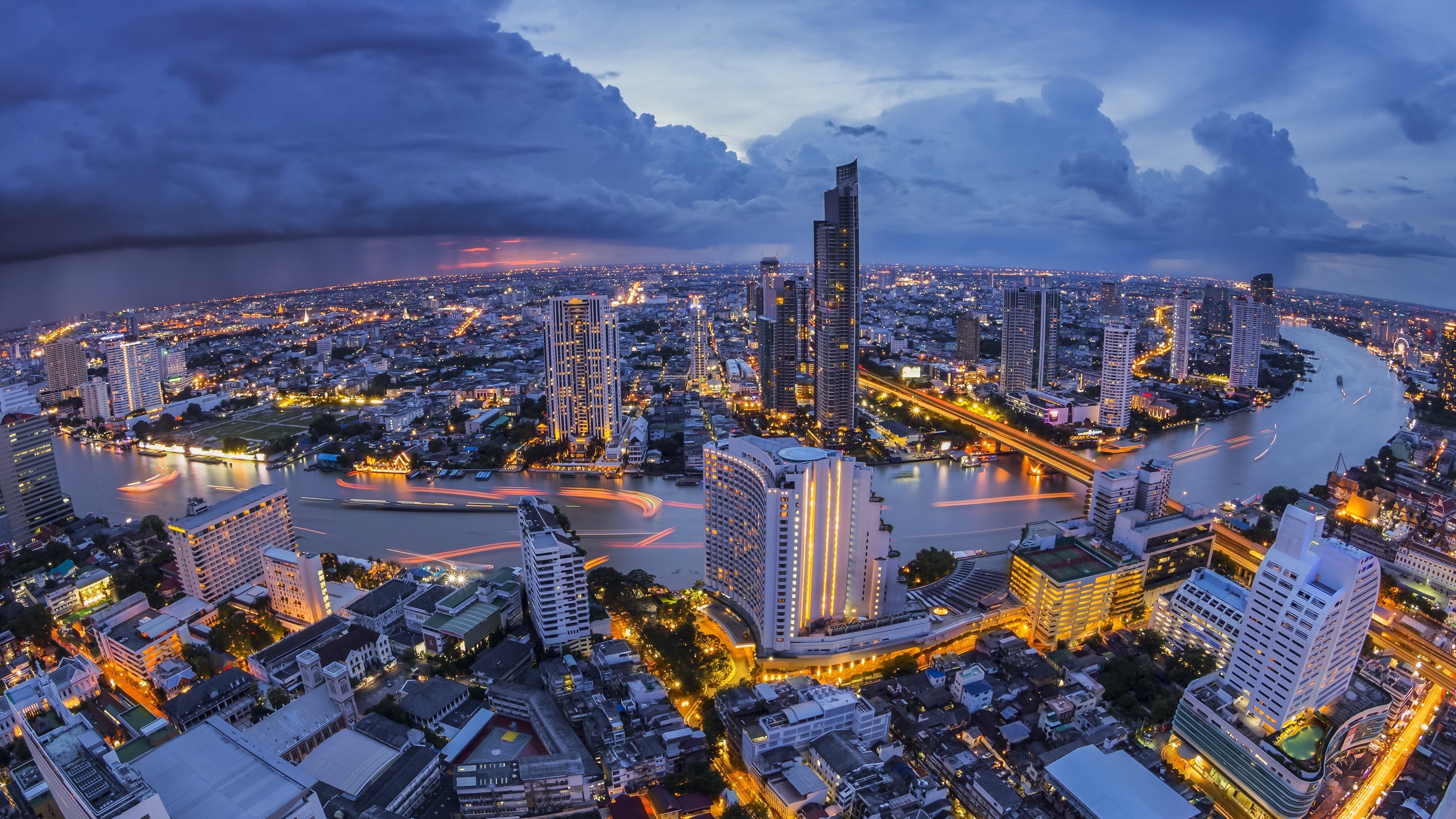 Bangkok cityscape with Chao Phraya River at dusk HD Wallpaper