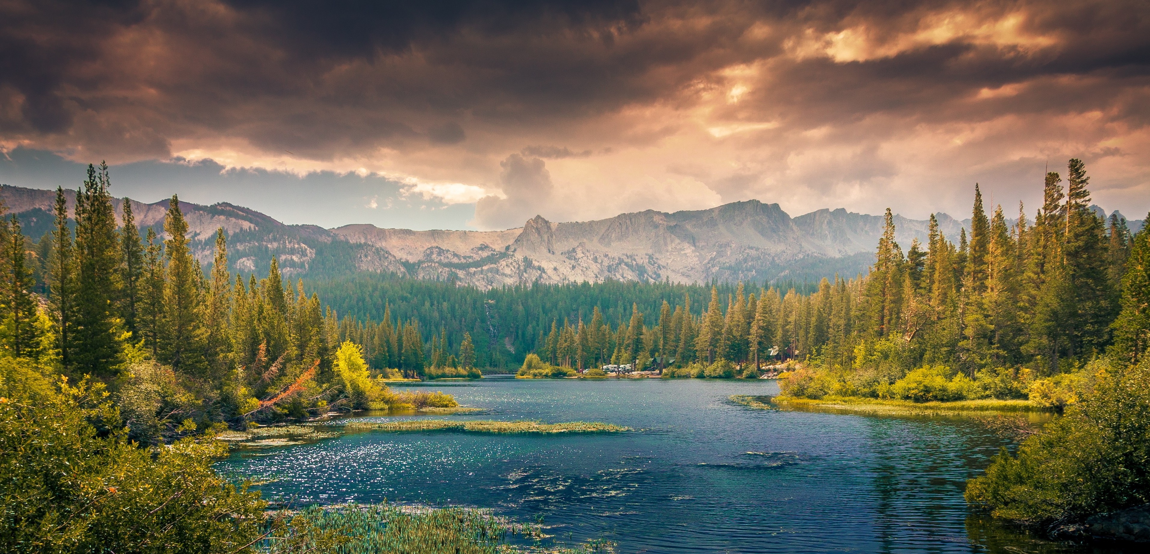 Lake and forest with mountains under cloudy sky HD Wallpaper