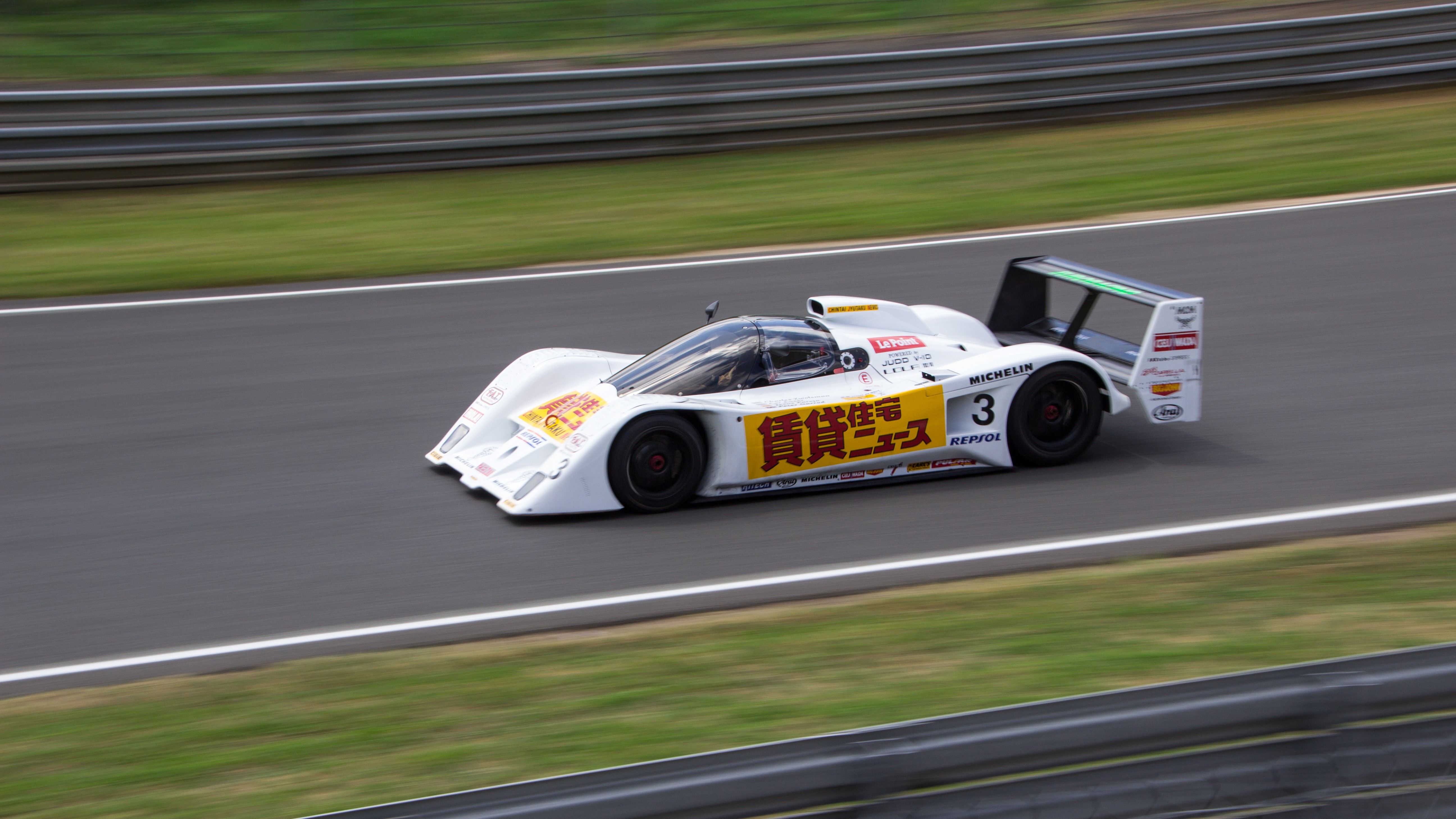 White racing car with number 3 on a track HD Wallpaper