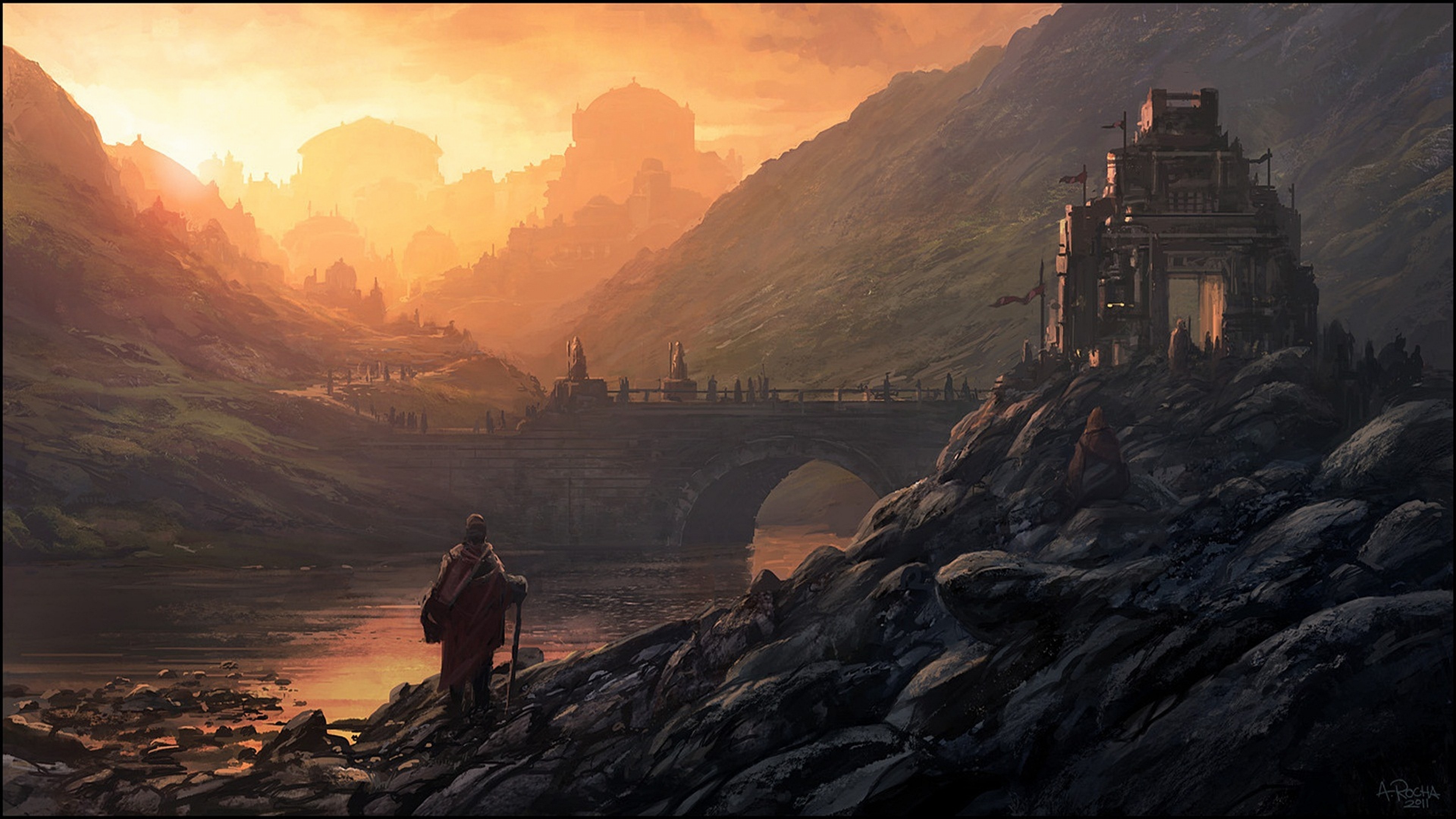 Fantasy landscape with ancient city and bridge HD Wallpaper