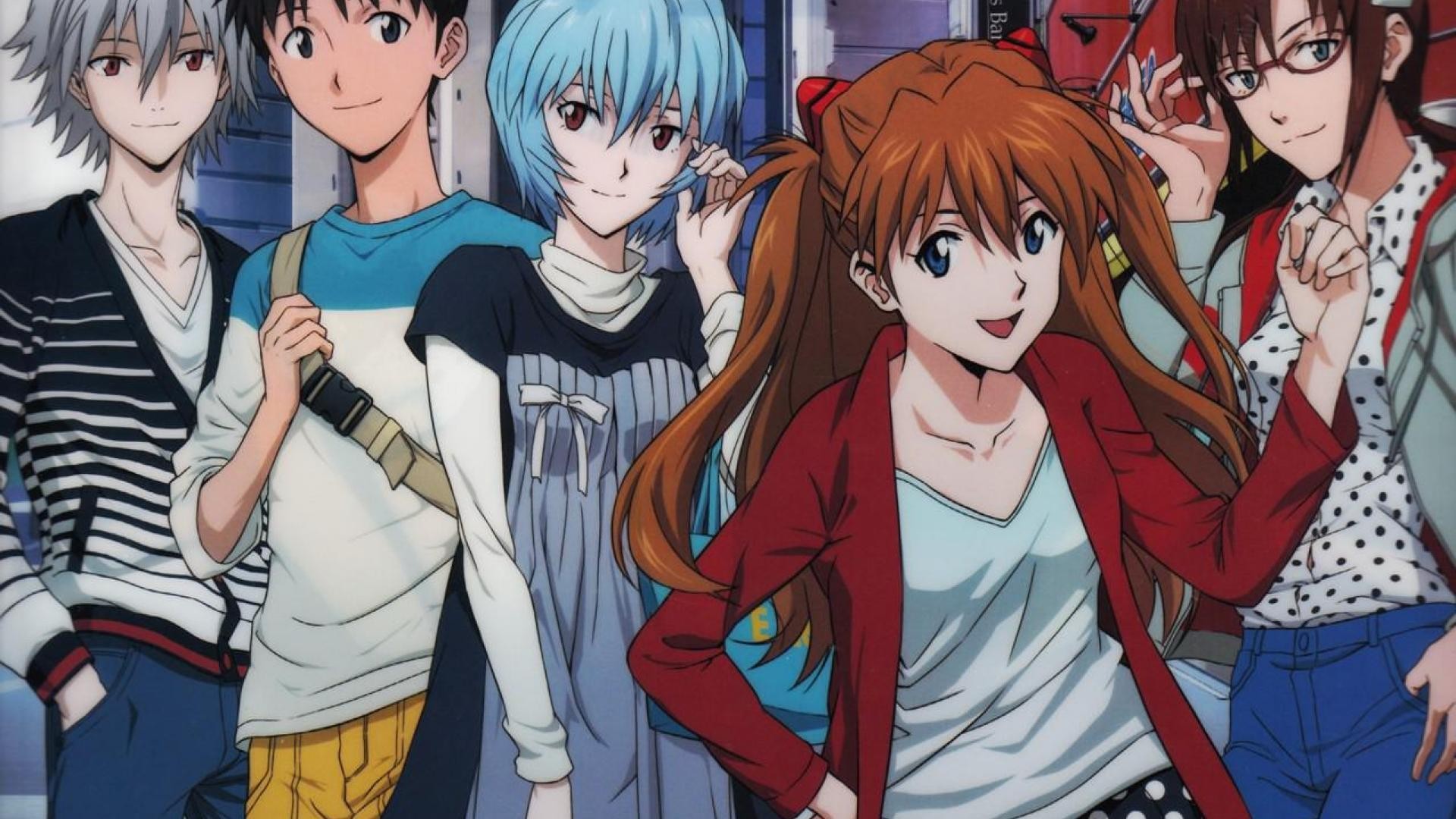 Neon Genesis Evangelion characters: Kaworu, Shinji, Rei, Asuka, Mari HD Wallpaper