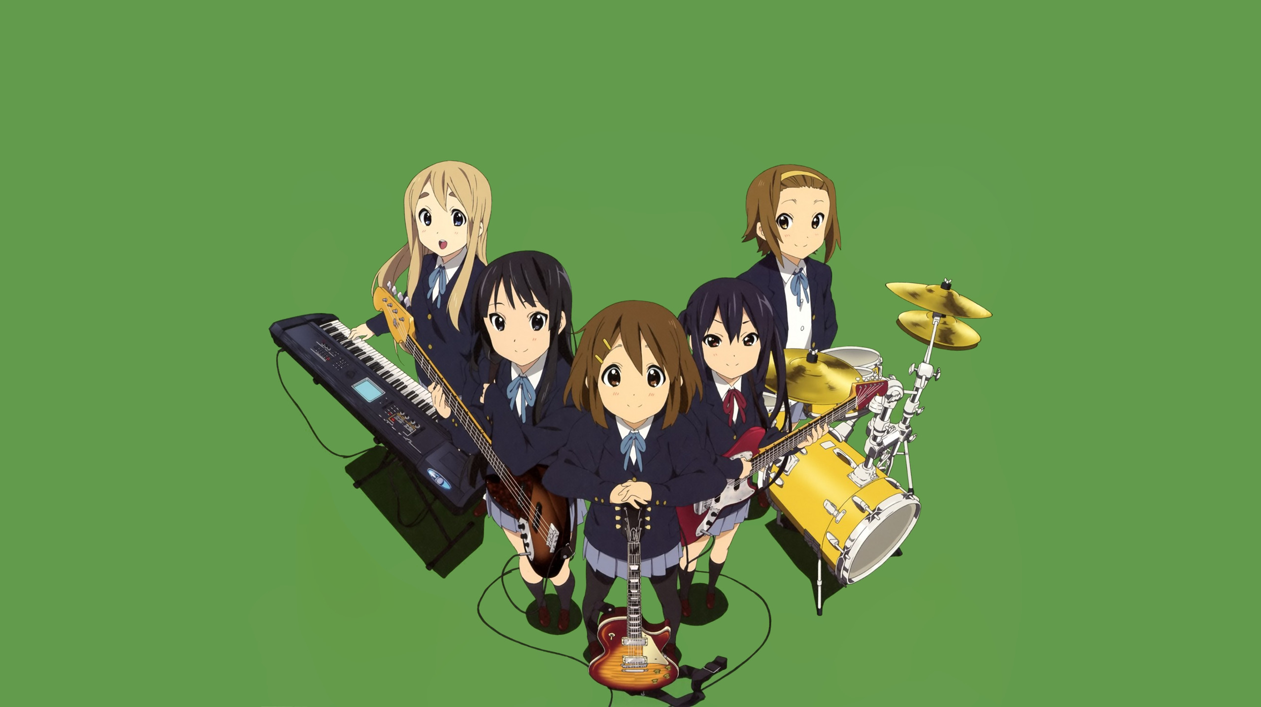 K-On! characters with musical instruments on green background HD Wallpaper