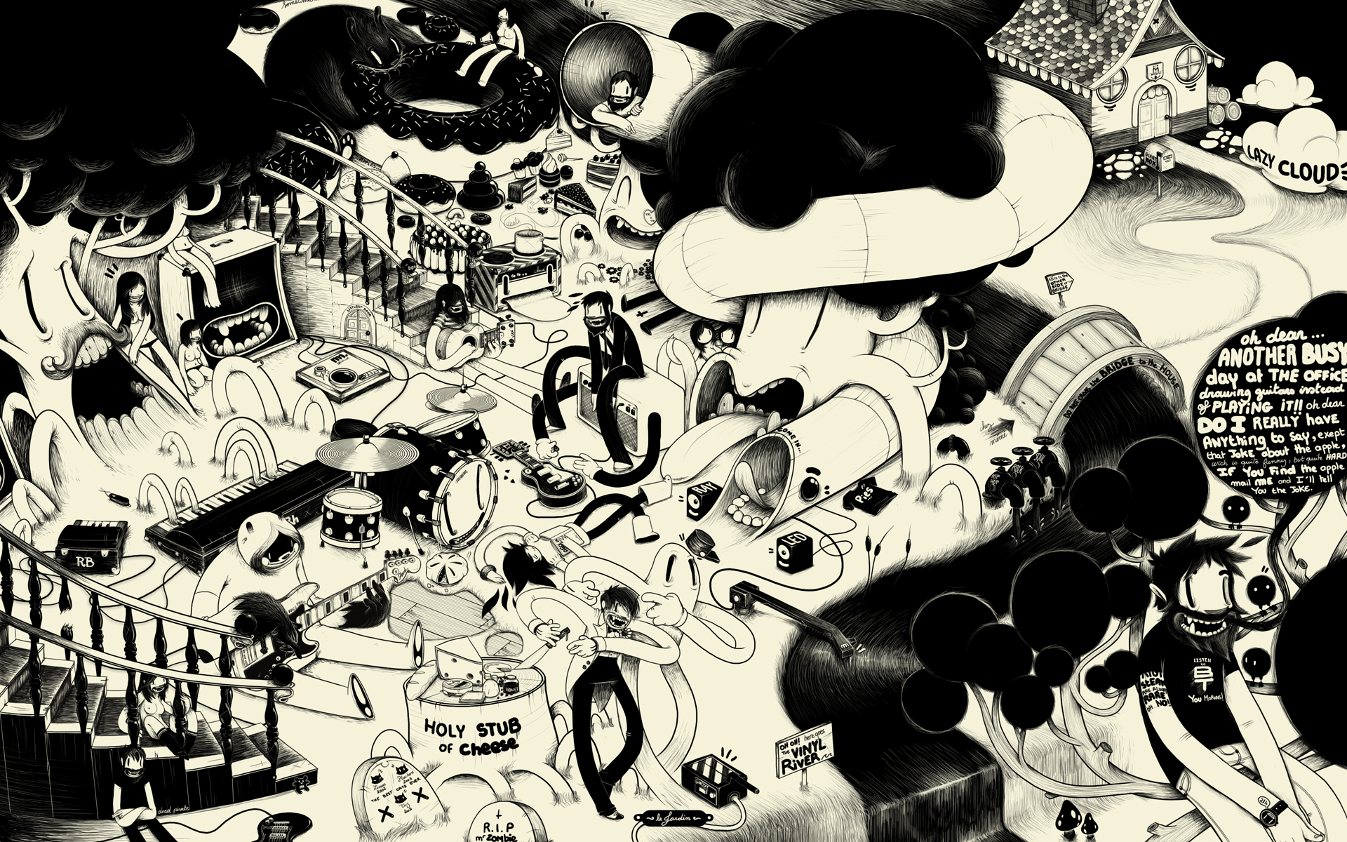 Mcbess illustration with characters and musical instruments HD Wallpaper