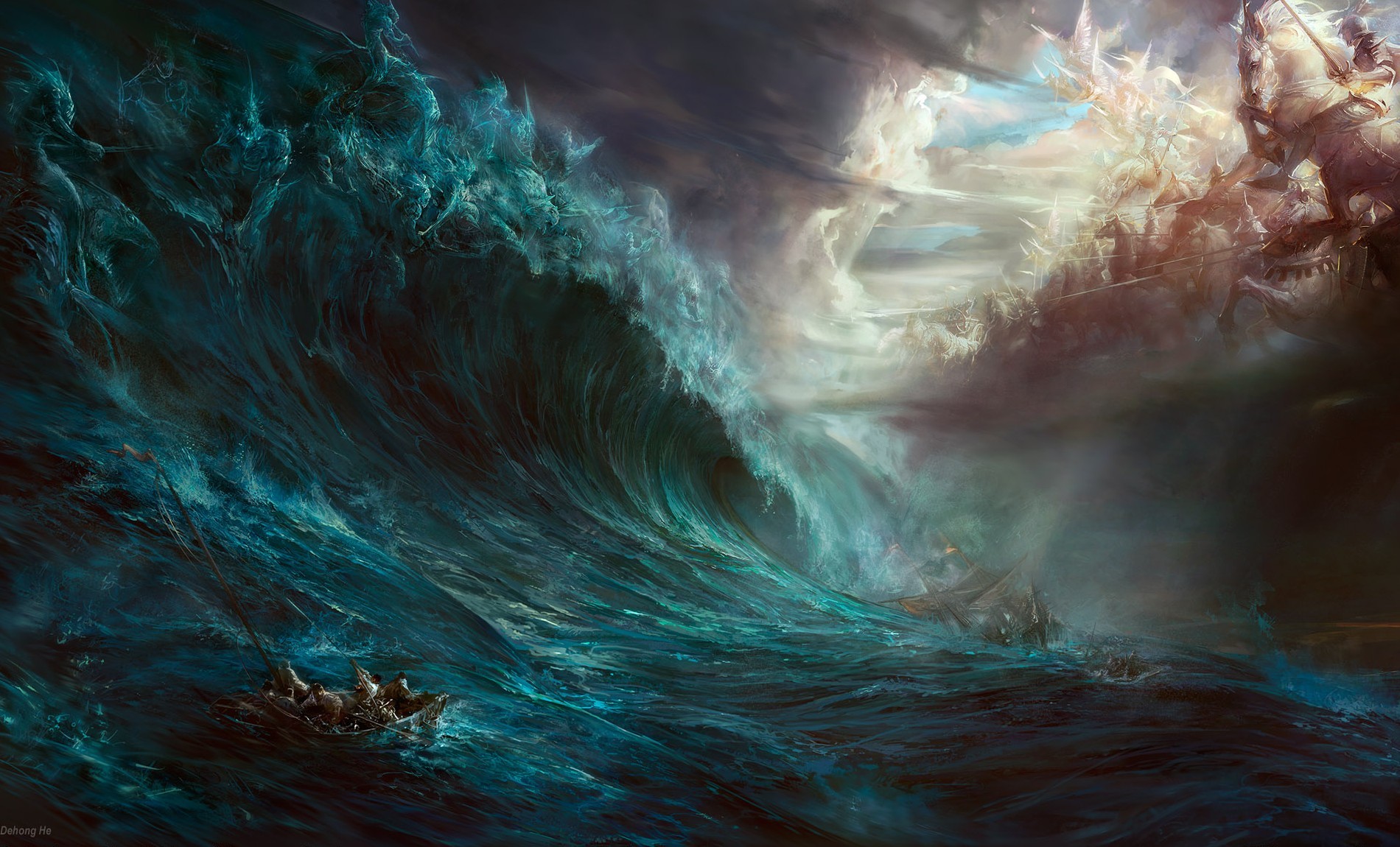 A massive wave crashes over a boat during a storm with a celestial battle above HD Wallpaper