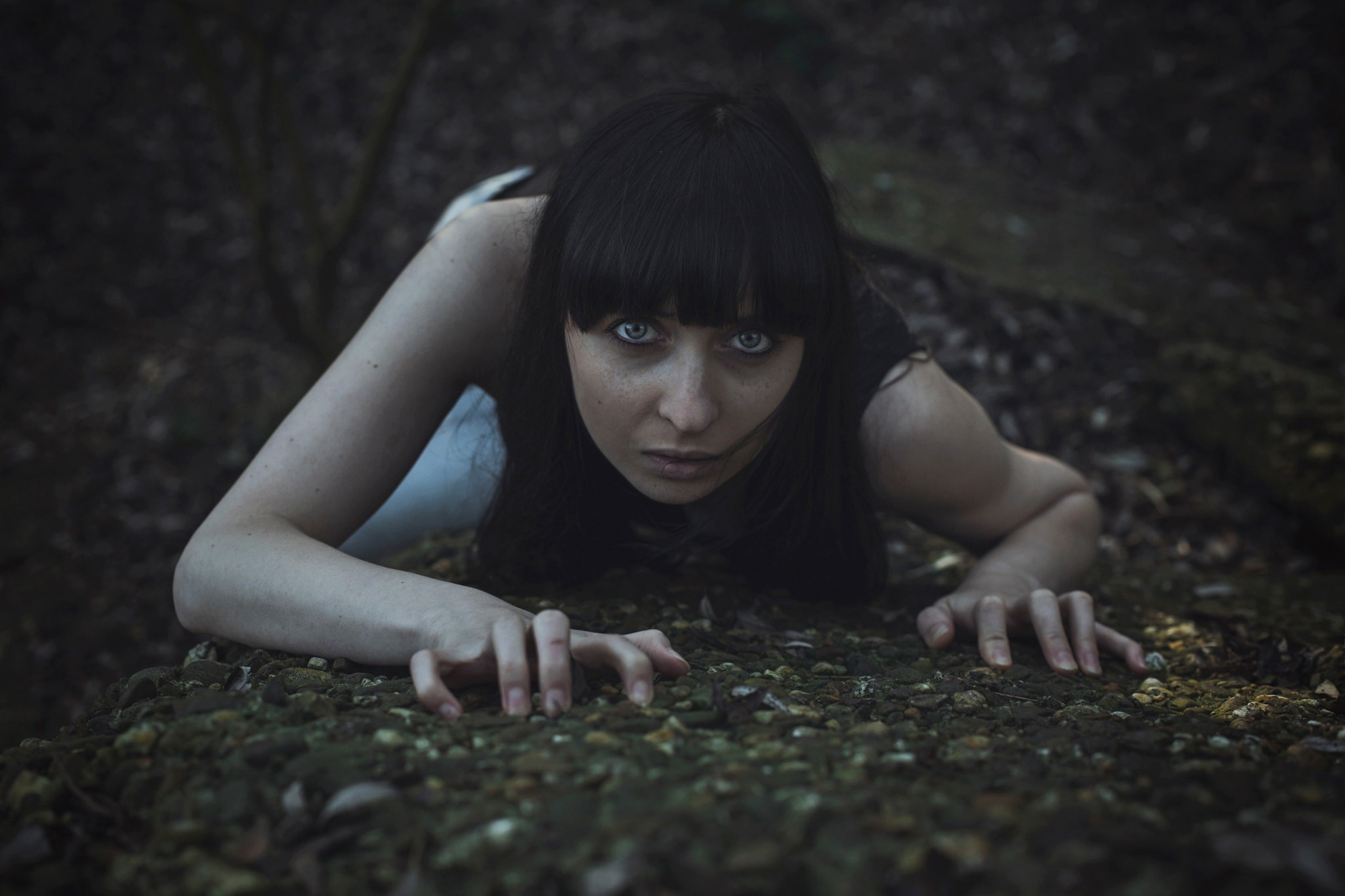 Woman crawling on the ground in a dark forest HD Wallpaper